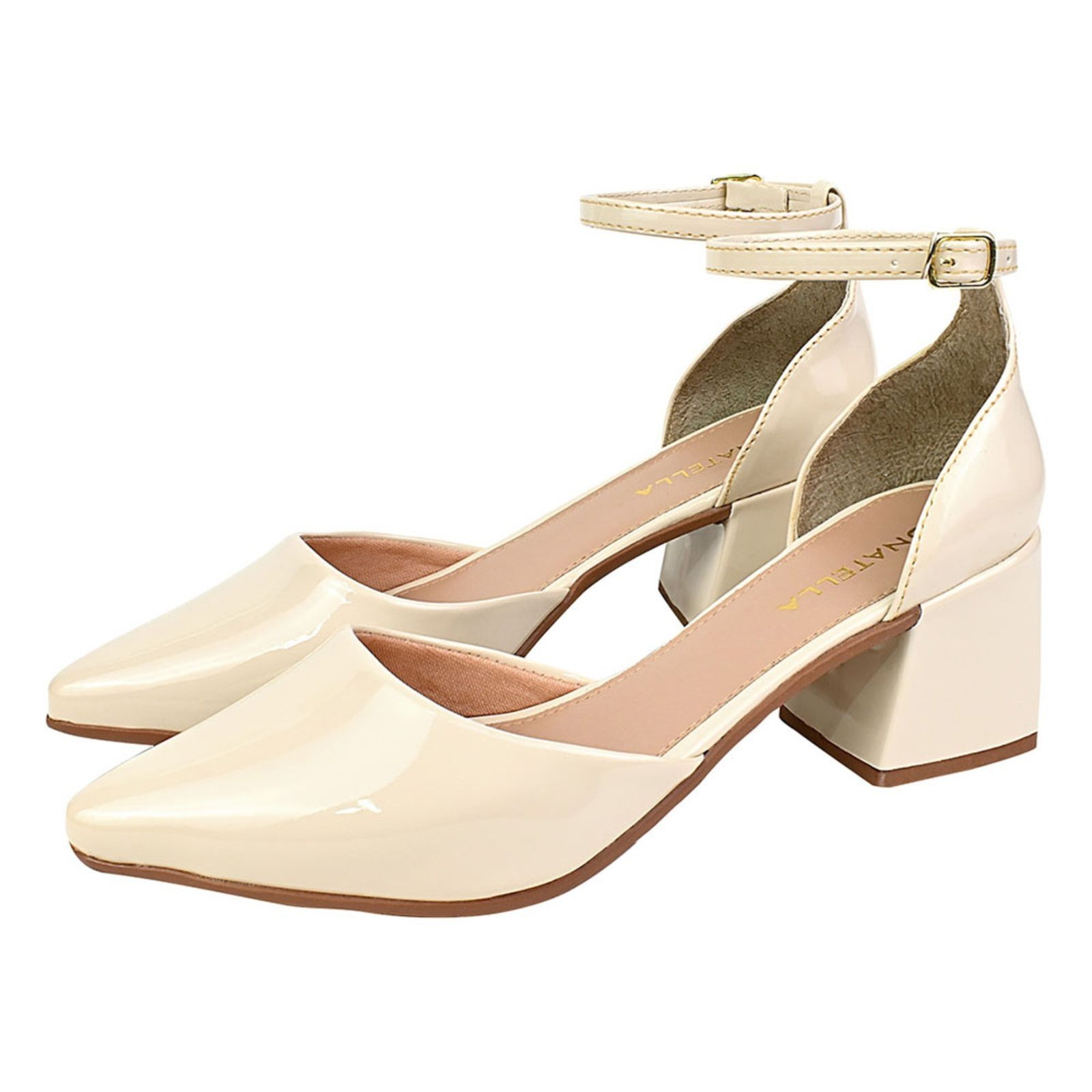 Sandália Scarpin Donatella Shoes Feminina Bico Fino Social Salto Bloco Quadrado Verniz Off White
