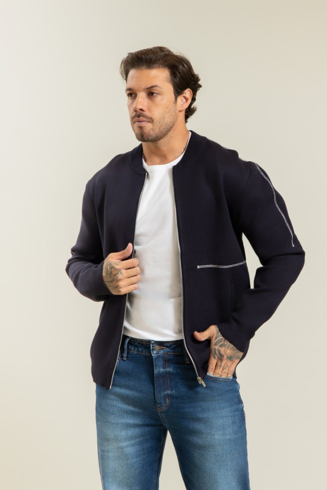 Jaqueta Tricot Bomber Masculina em Viscose Azul Marinho Dialogo