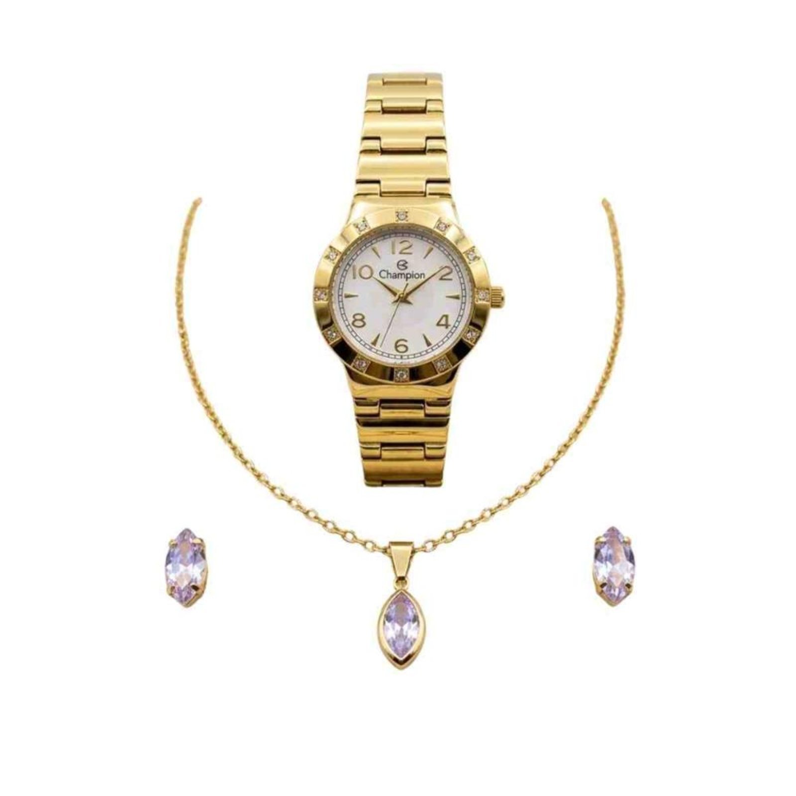 Kit Relógio + Conjunto Colar e Brincos Champion Dourado CF25205C