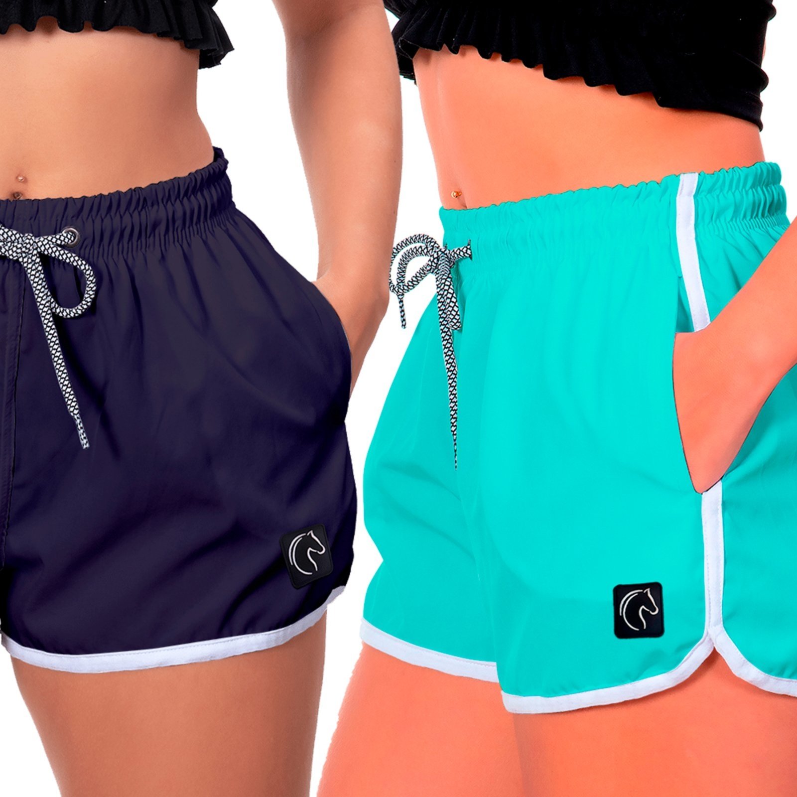 Kit 2 Shorts Feminino Premium Secagem Rápida com Elástico Cordão Ajustável e Bolsos Moda Praia Casual ou Treino Academia Azul Marinho e Azul