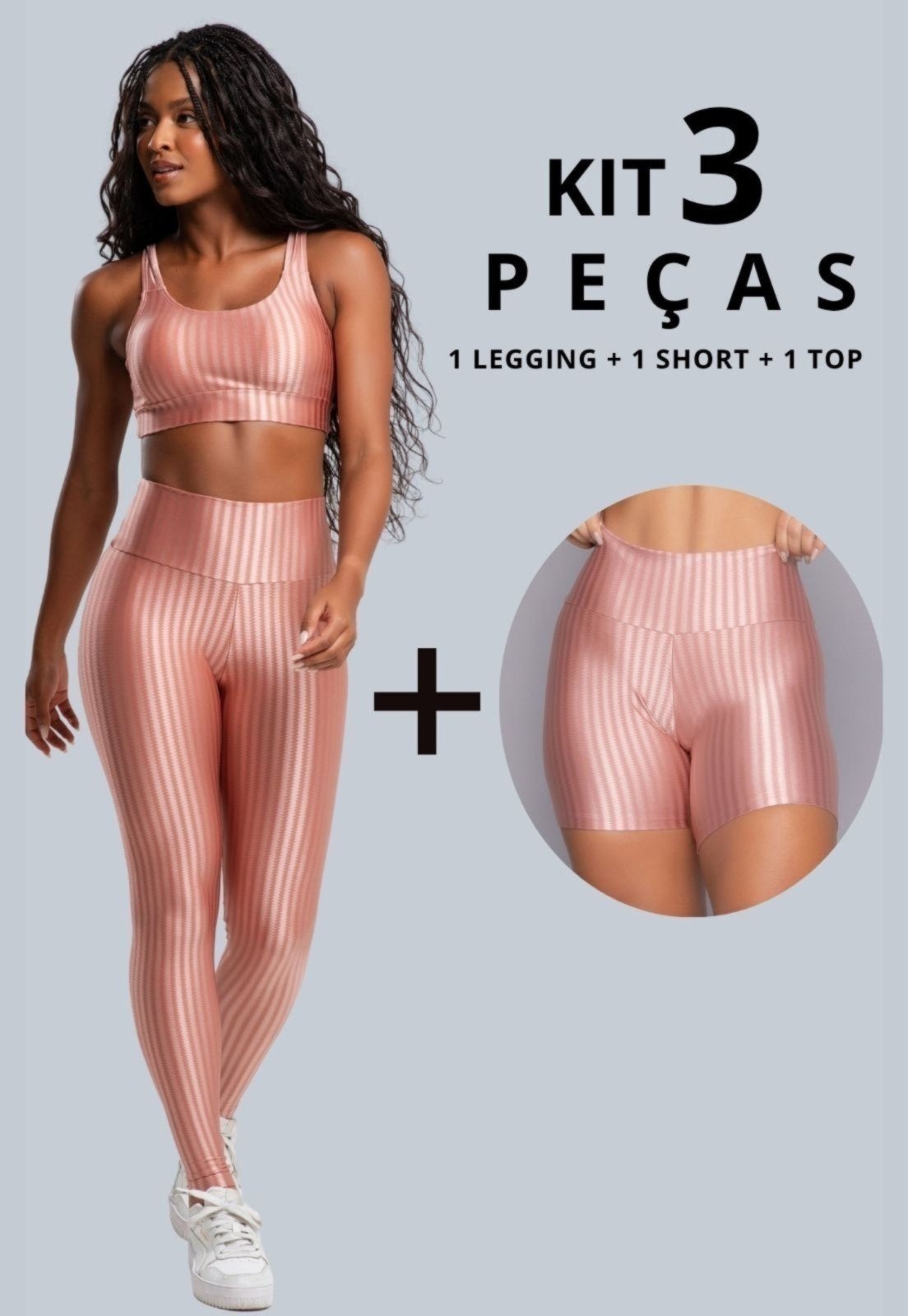 Combo Serra e Mar Modas Kit 3 Peças Fitness Feminino Conjunto Academia com Legging, Short e Top Bojo Removivel em New Zig Brilhoso Rosa Claro