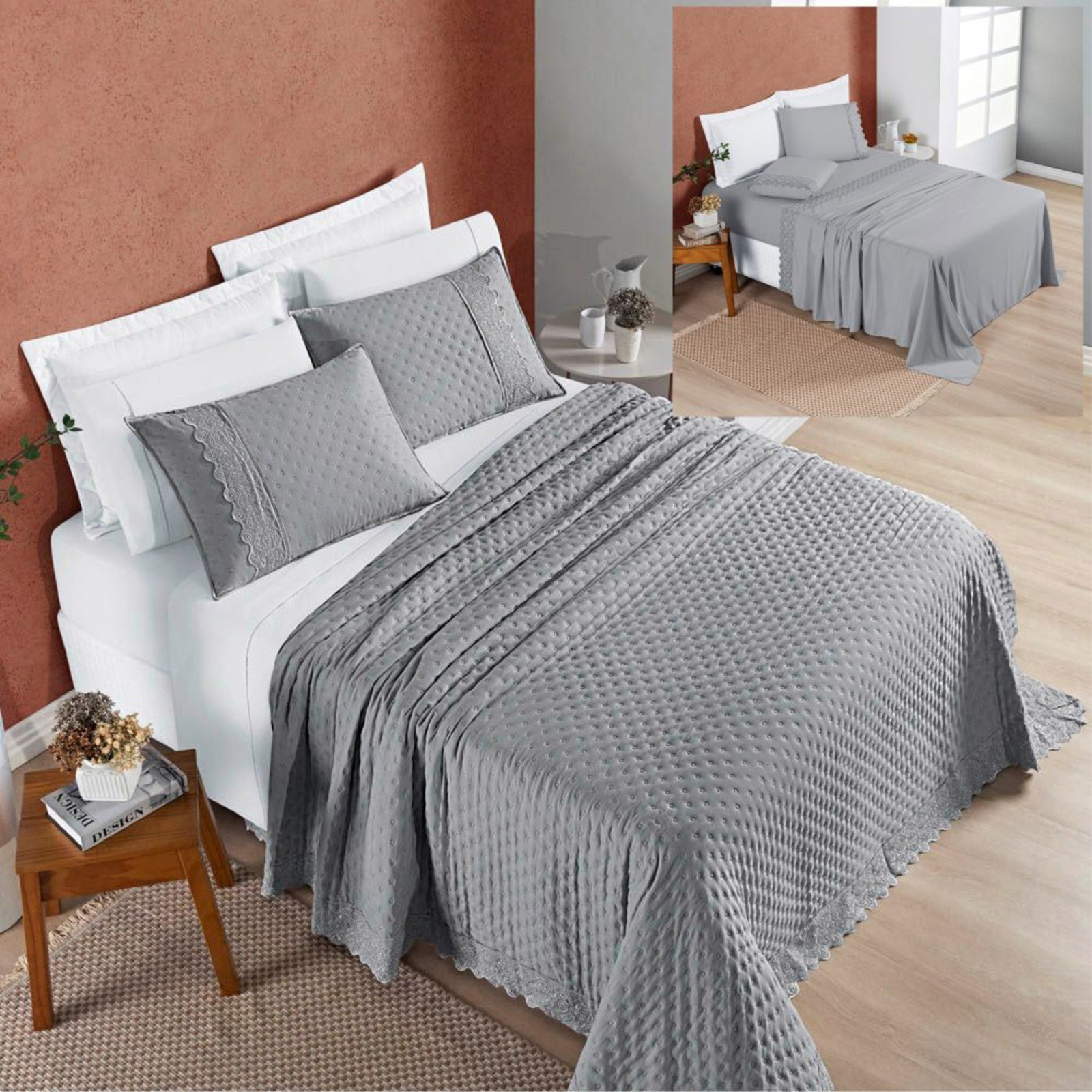Coordenado Cobre Leito e Lençol Divino King 7 Pçs - Grafite - 100% Poliéster