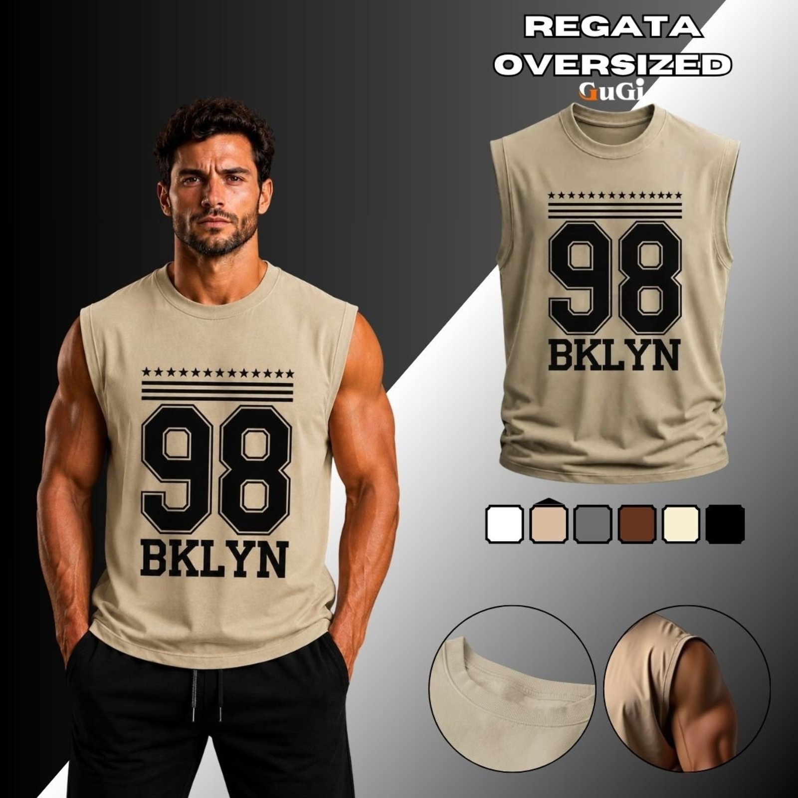 Camiseta Regata Masculina Oversized Estampada 98 Brooklyn 100% Algodão Cáqui