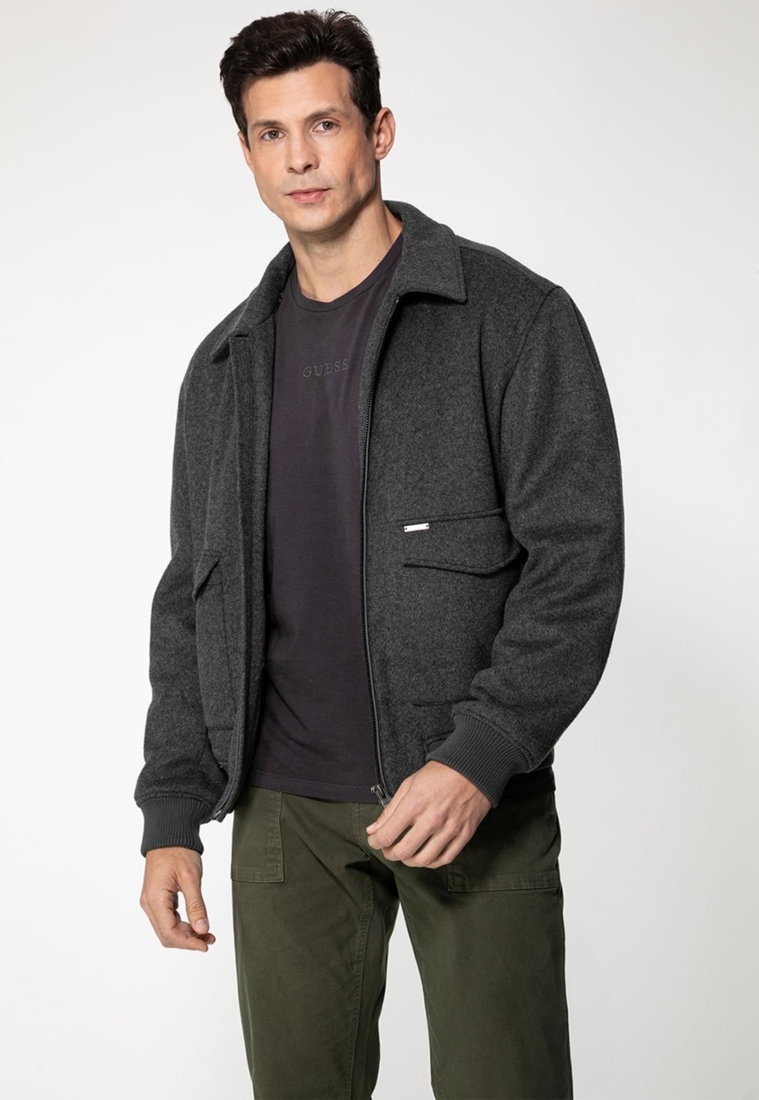 Jaqueta Guess Bomber Lã Eco Cinza Escuro