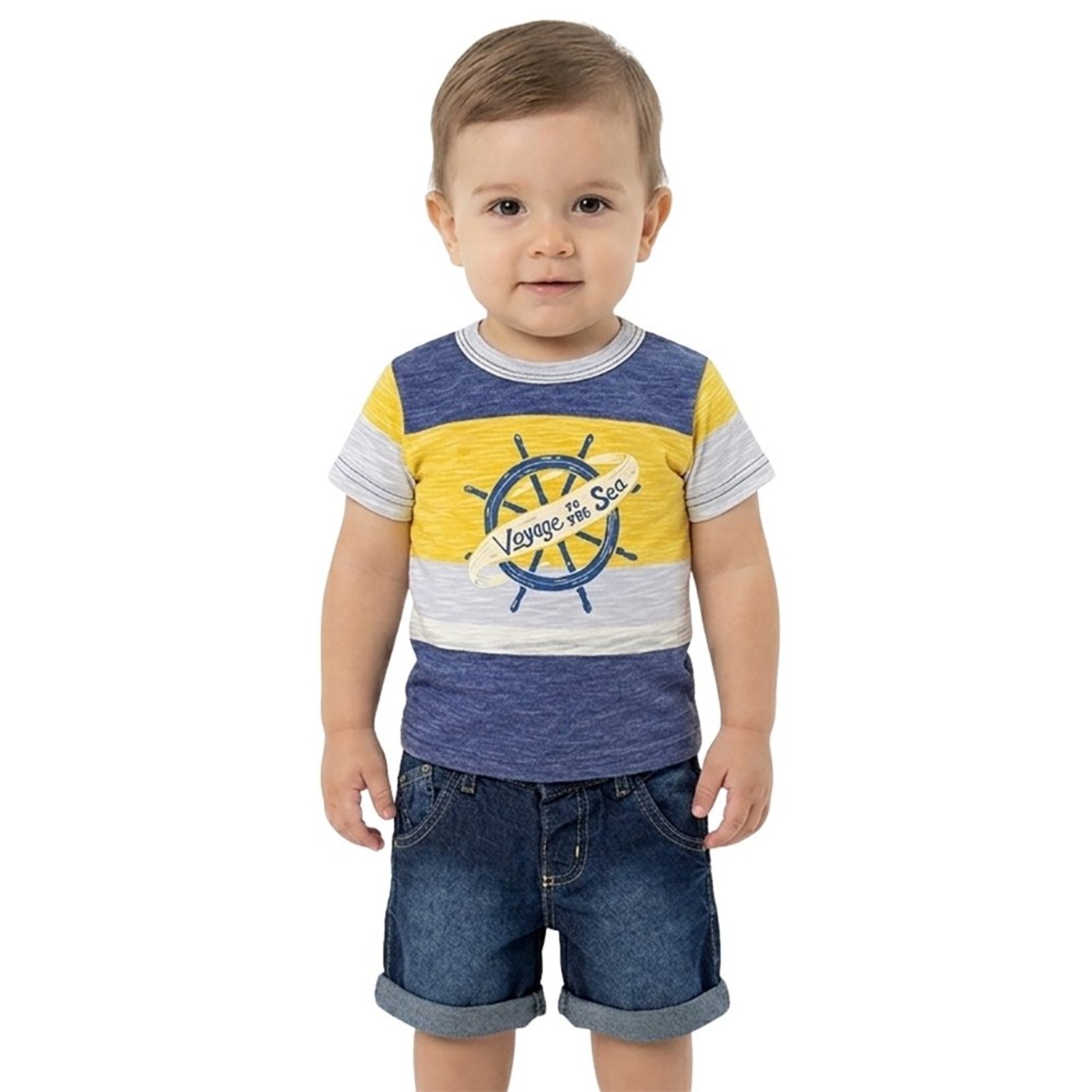 Infantil - Conjunto Look Jeans Camiseta Listras e Shorts Jeans