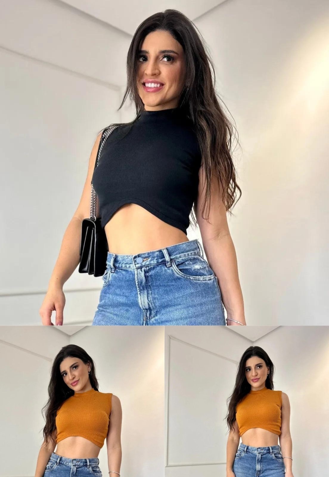 Kit Cropped Regata Francisca 2 peças: Preto e Mostarda