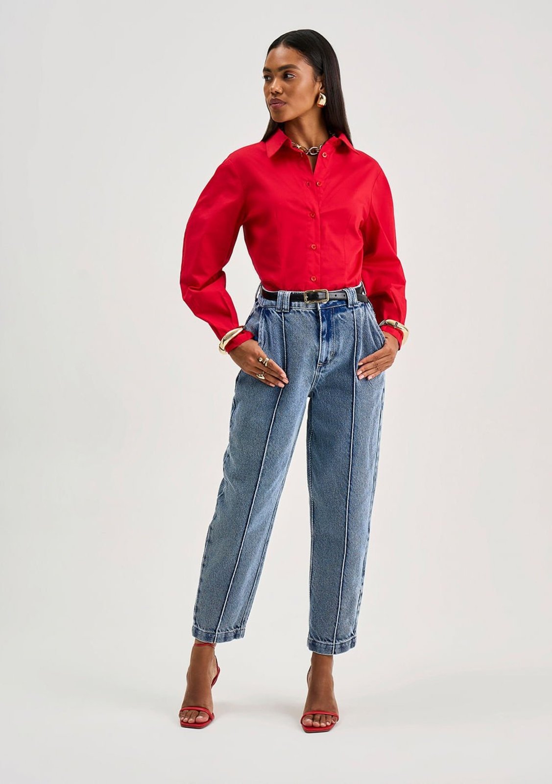 Camisa Iódice Ajustada Decote V Manga Longa Padrão Vermelho