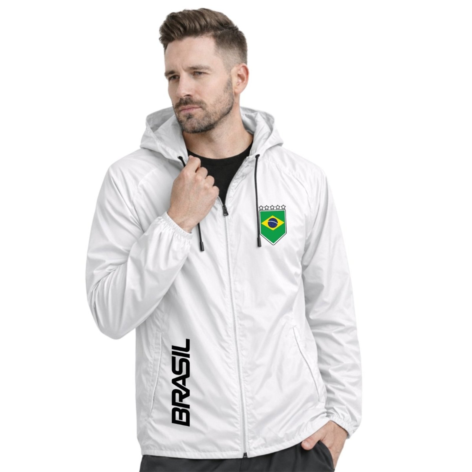 Jaqueta Corta Vento Impermeável Masculino Leve e Confortável Estilo Casual Brasil Branco