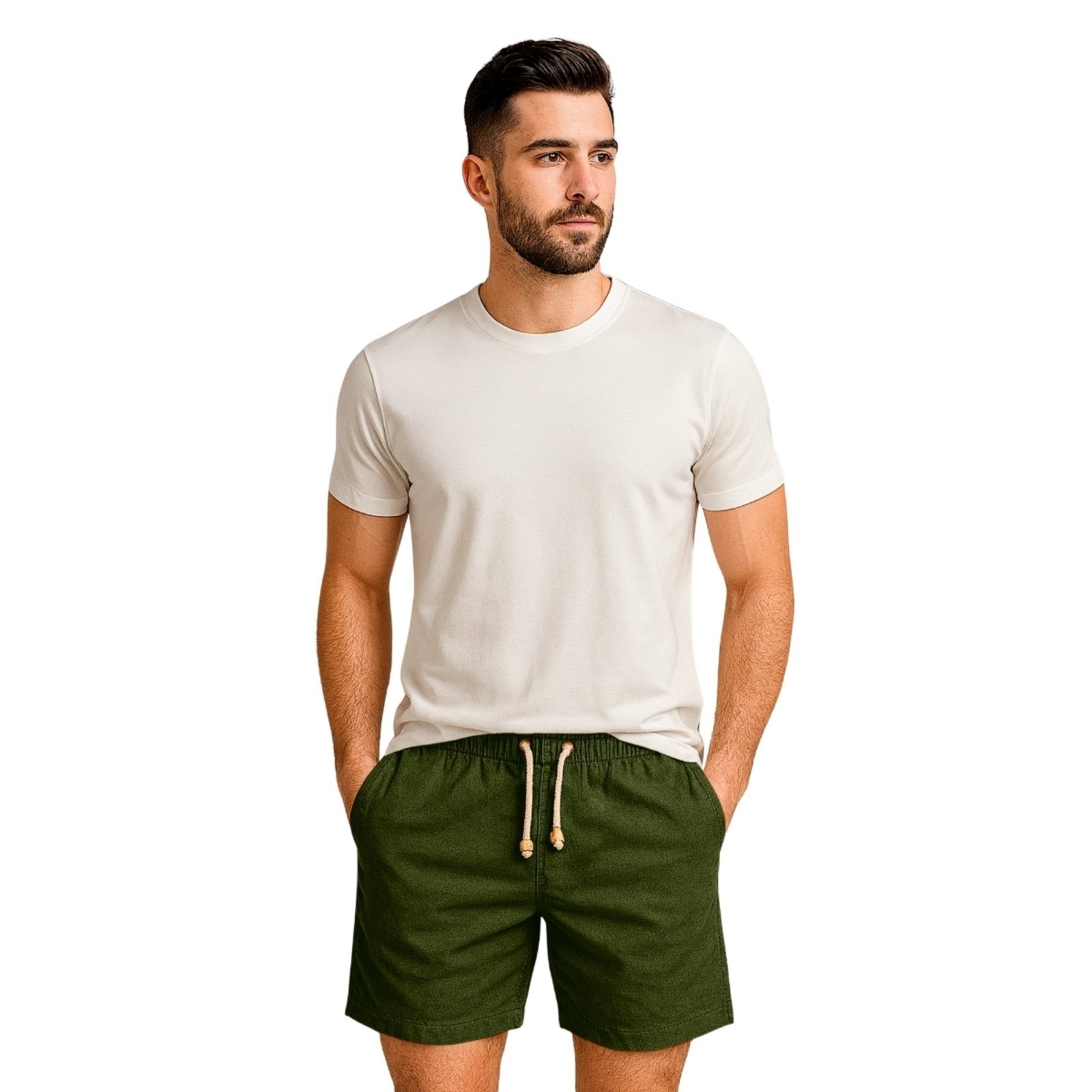 Vista 3 Kit 5 Shorts Linho Premium Bermuda Masculina Moda Praia Luxo Relaxado bege Relaxado bege