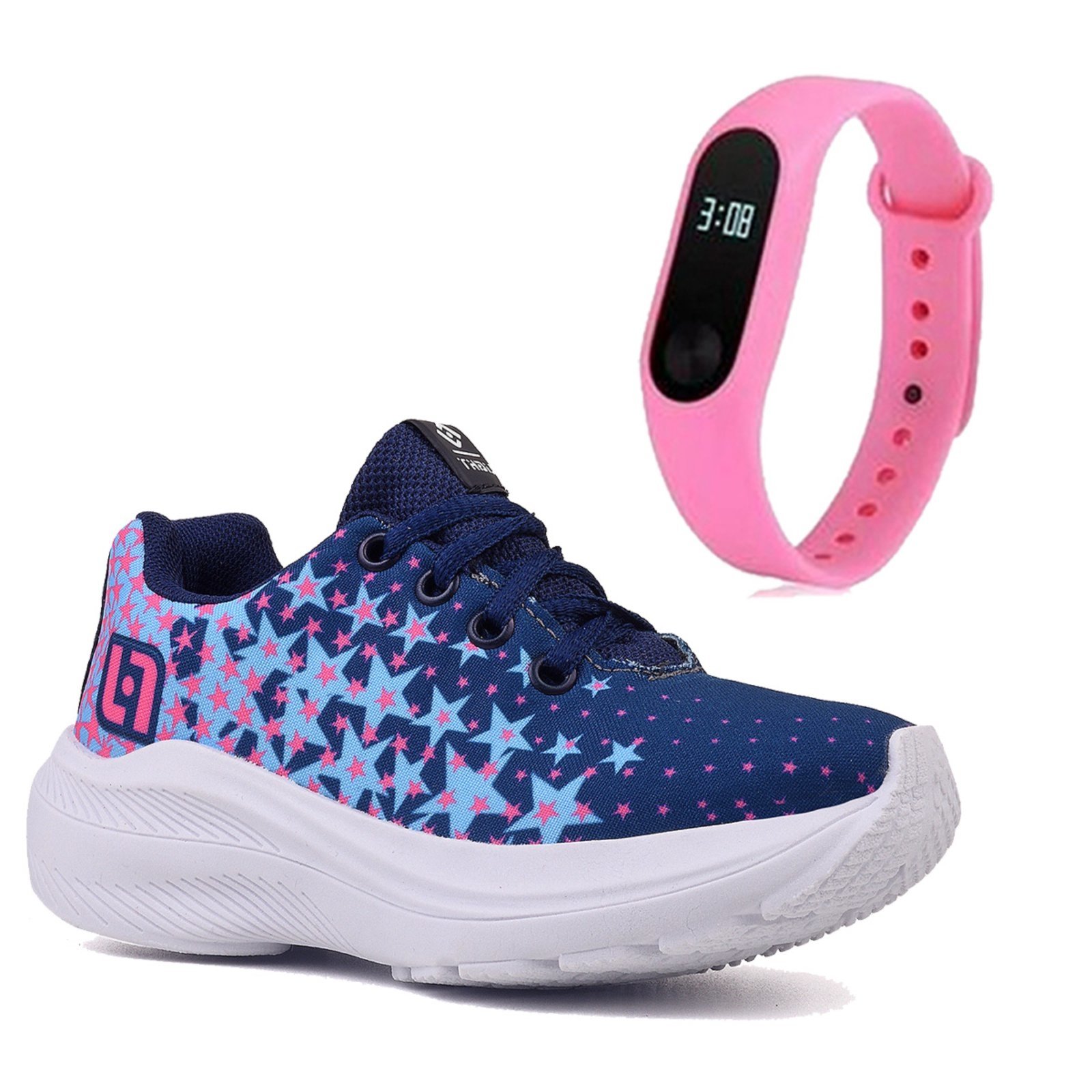 Infantil – Tenis Meninas Casual Marinho e Pink Feminino + Relógio
