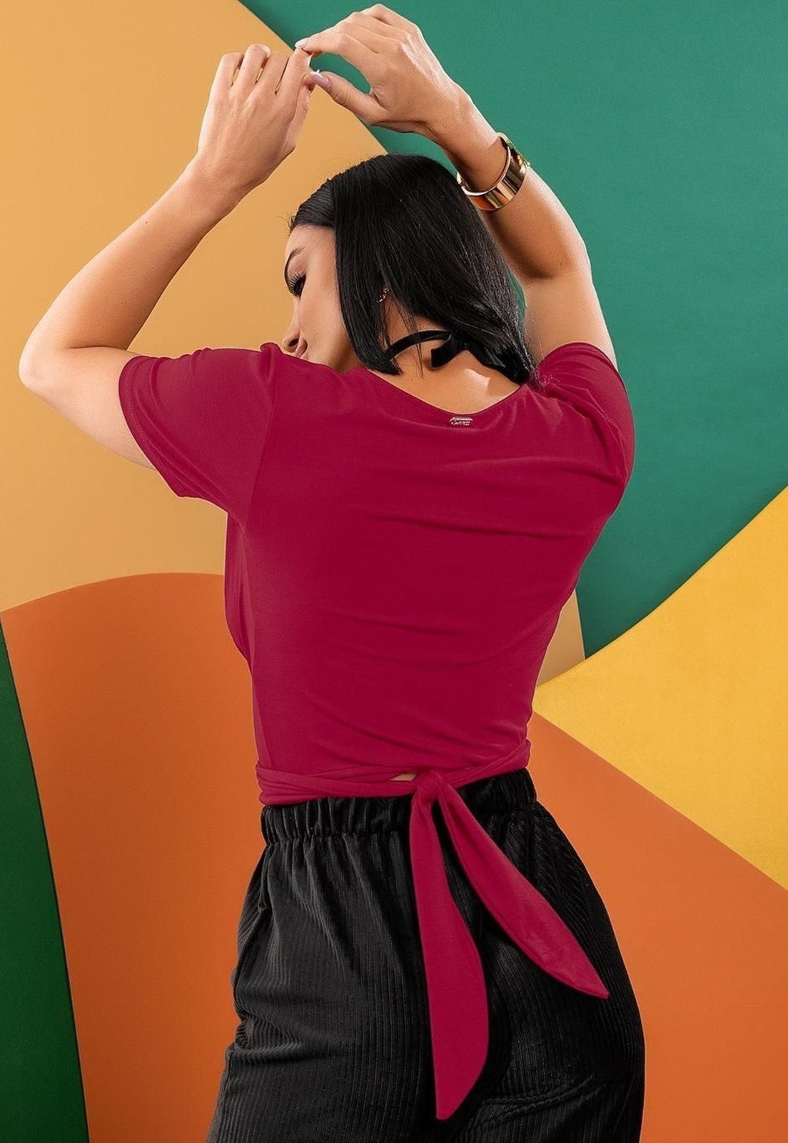 Vista 3 Blusa Em Malha De Viscose Com Elastano Bordô vermelho vermelho