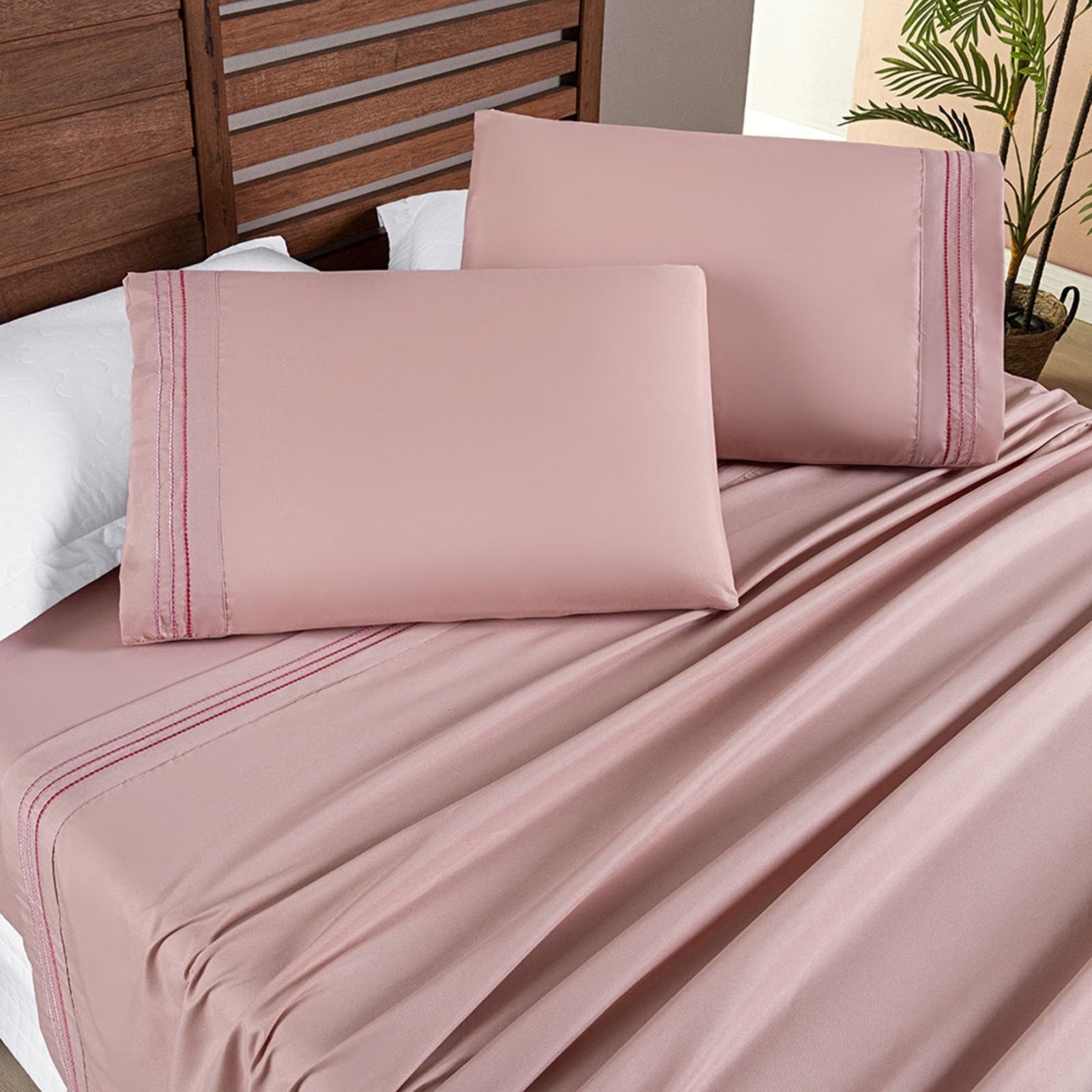 Jogo Cama Lençol Casa Scarpa Honore King Micro Percal 200 Fios c/ Detalhes Bordados 4 Peças - Sal Rosa