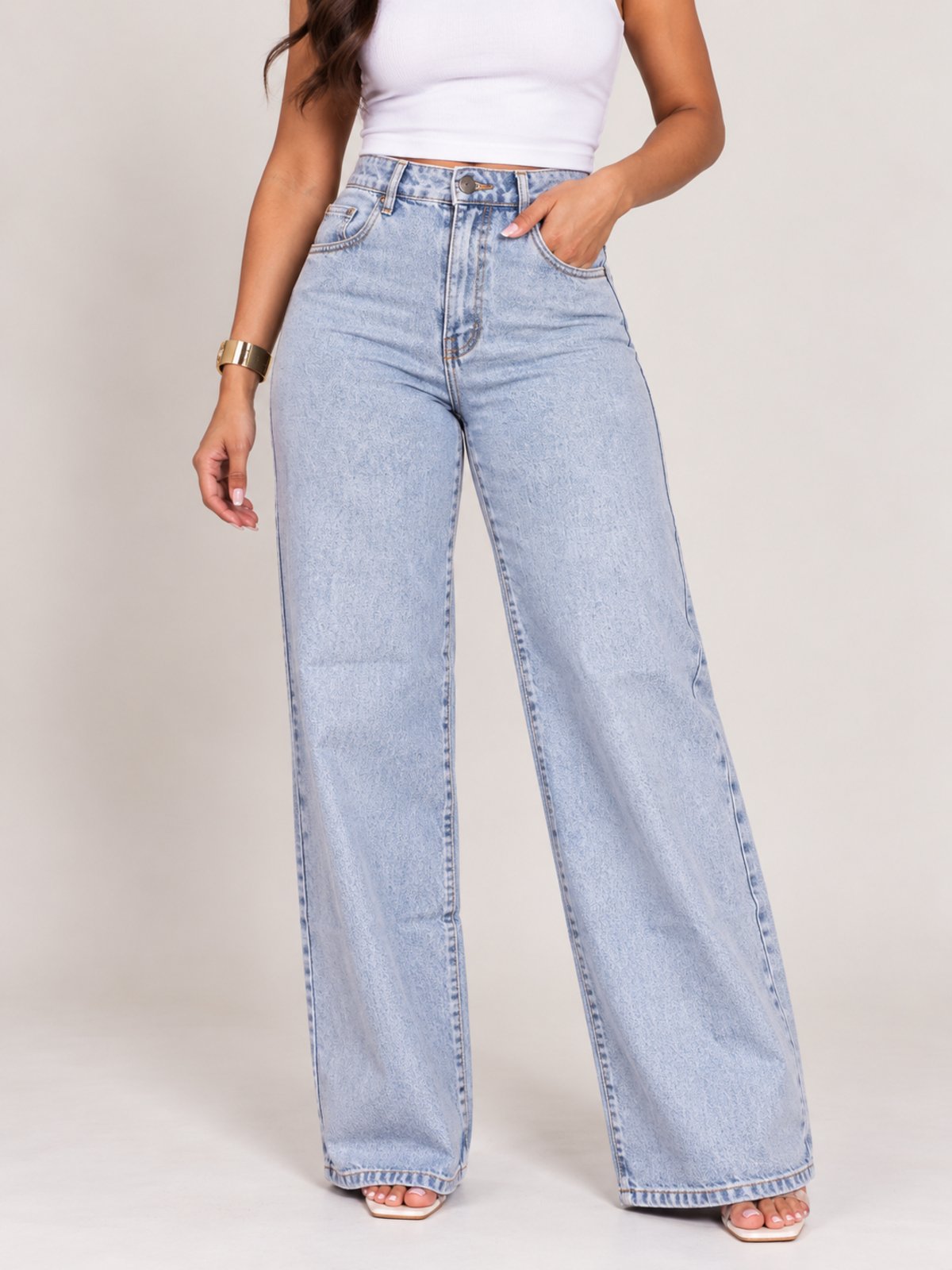 Calça Donna De Paula Wide Leg Clara Jeans Marmorizada Feminina Cintura Alta