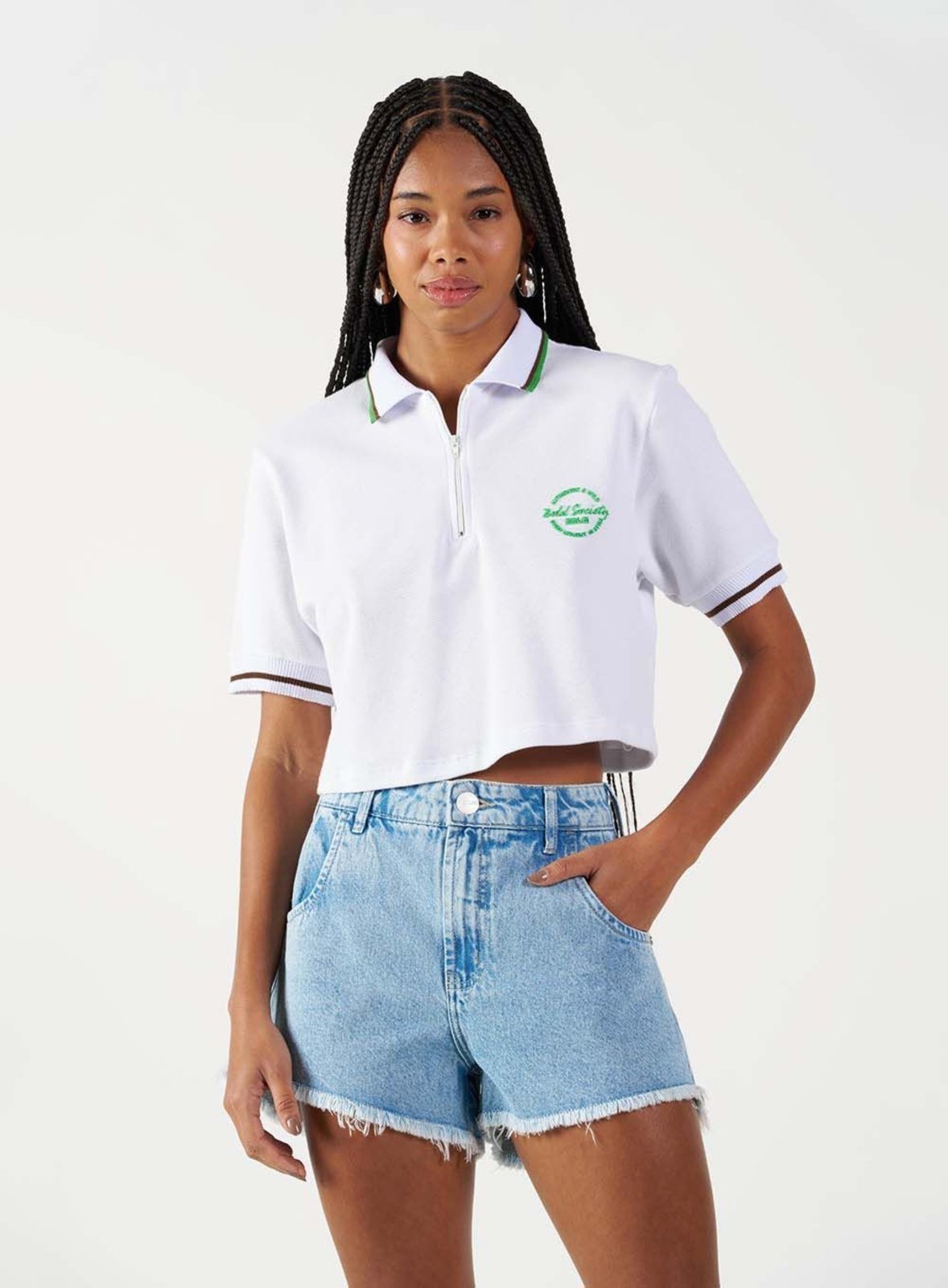 Polo Malha Decote com Ziper Colcci CLC Branco/Verde