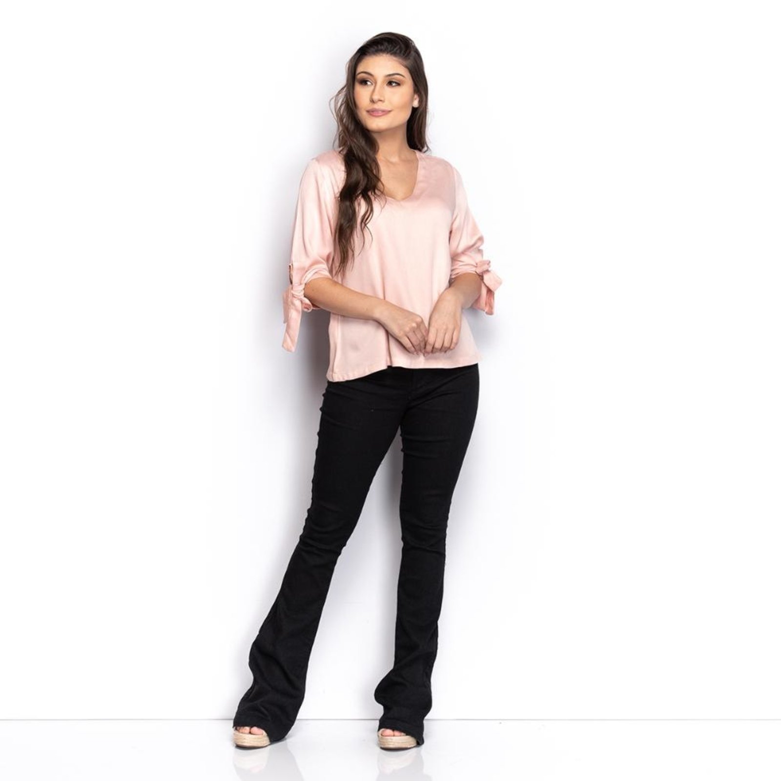 Blusa Feminina Lisa Decote V Laço Manga Três Quartos Casual Branco G Rosa