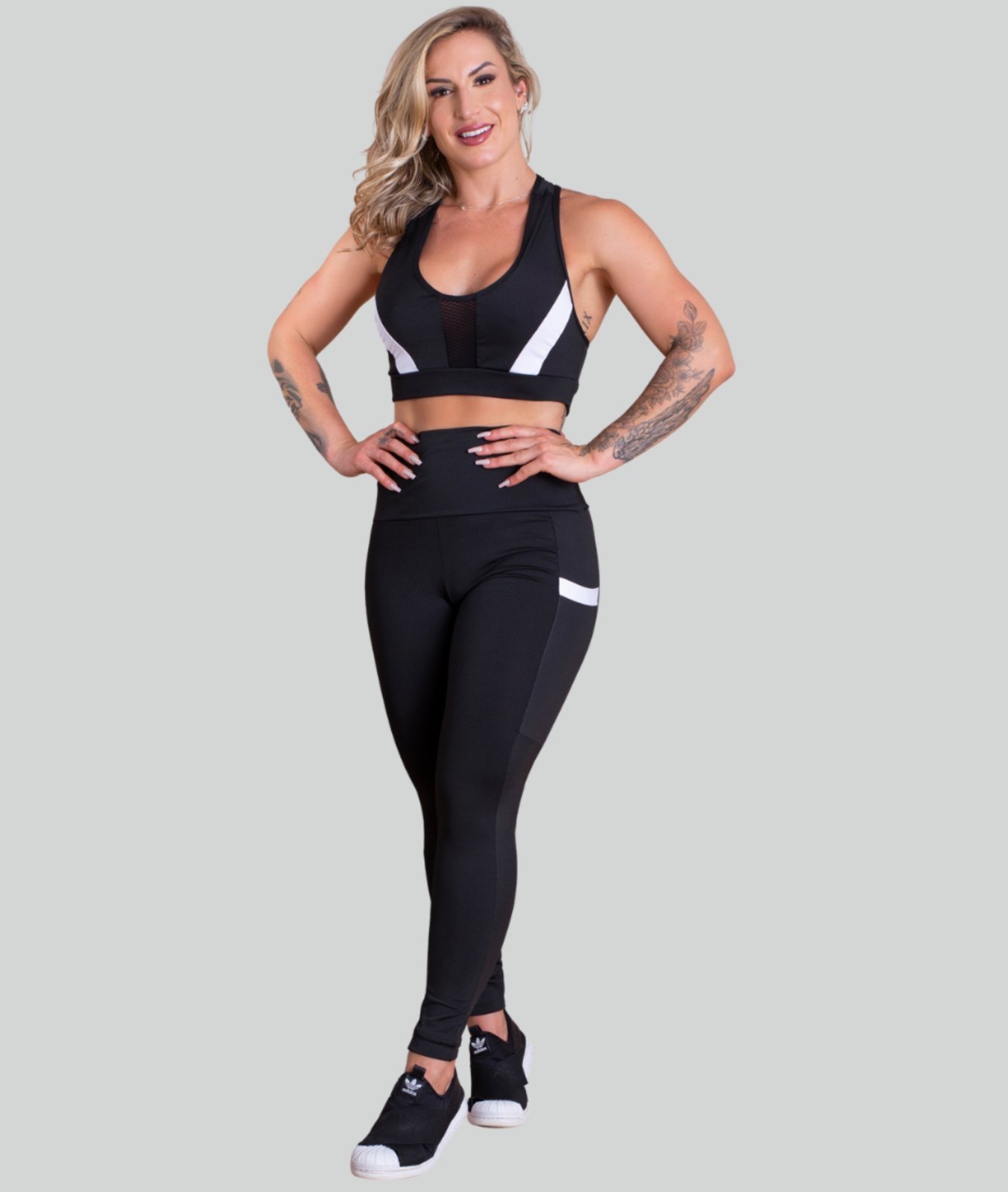 Conjunto Feminino Fitness GJR Modas Calça Legging Cintura Alta Bolso Cirrê E Top Nadador Tela Academia Branco