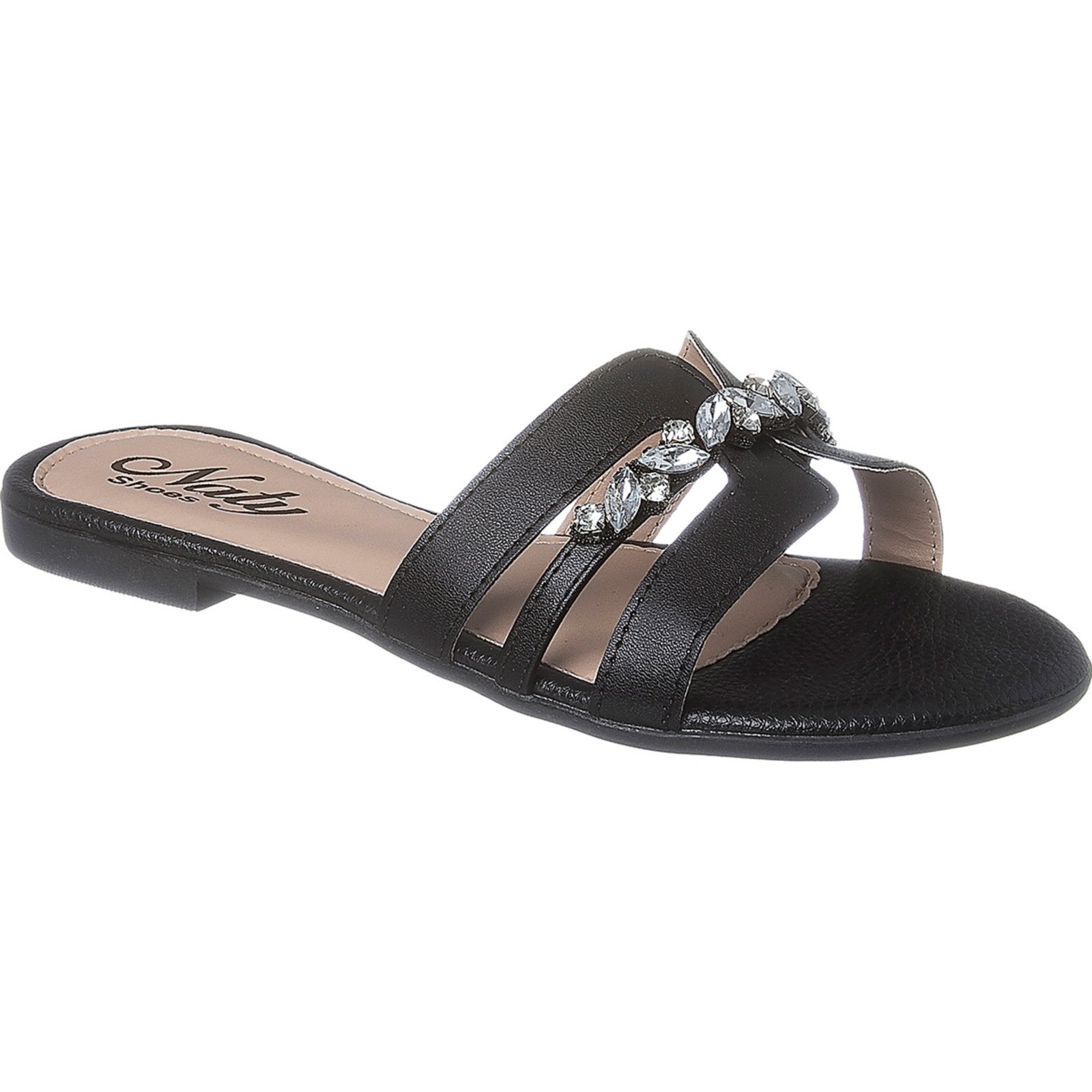 Sandália Rasteira H Preta Naty Shoes Flat Feminina Pedraria Frutacor 804