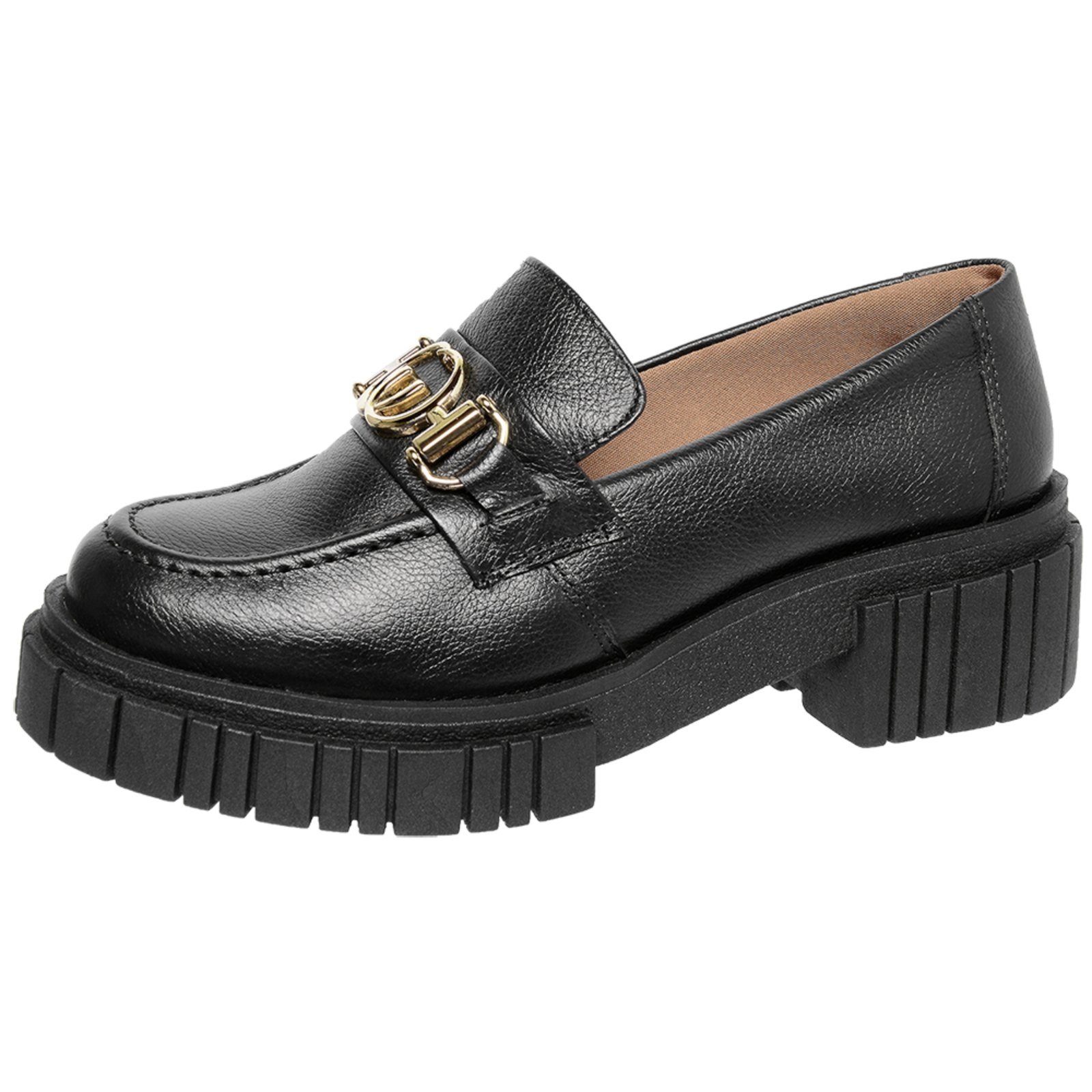 Sapato Feminino Mocassim Conforto Em Couro Preto Sola Plataforma Preta