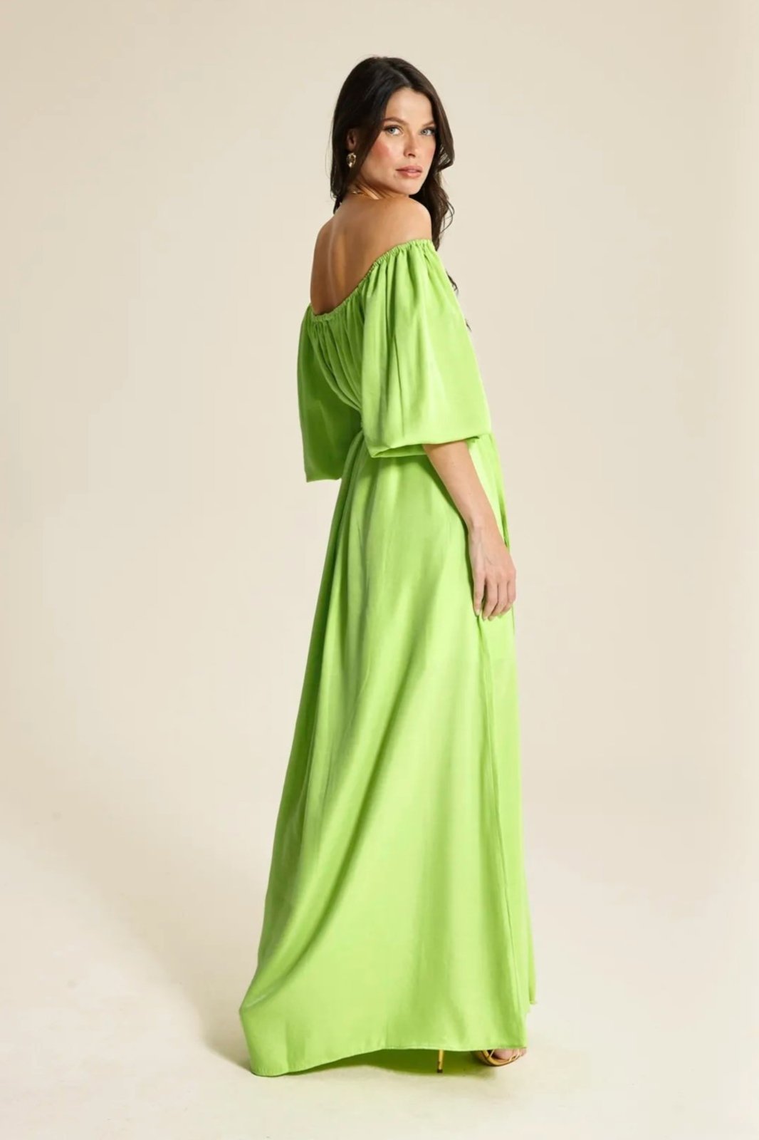 Vista 3 Vestido Longo Ombro A Ombro Manga Gloss Ruth - Lima verde lima verde lima
