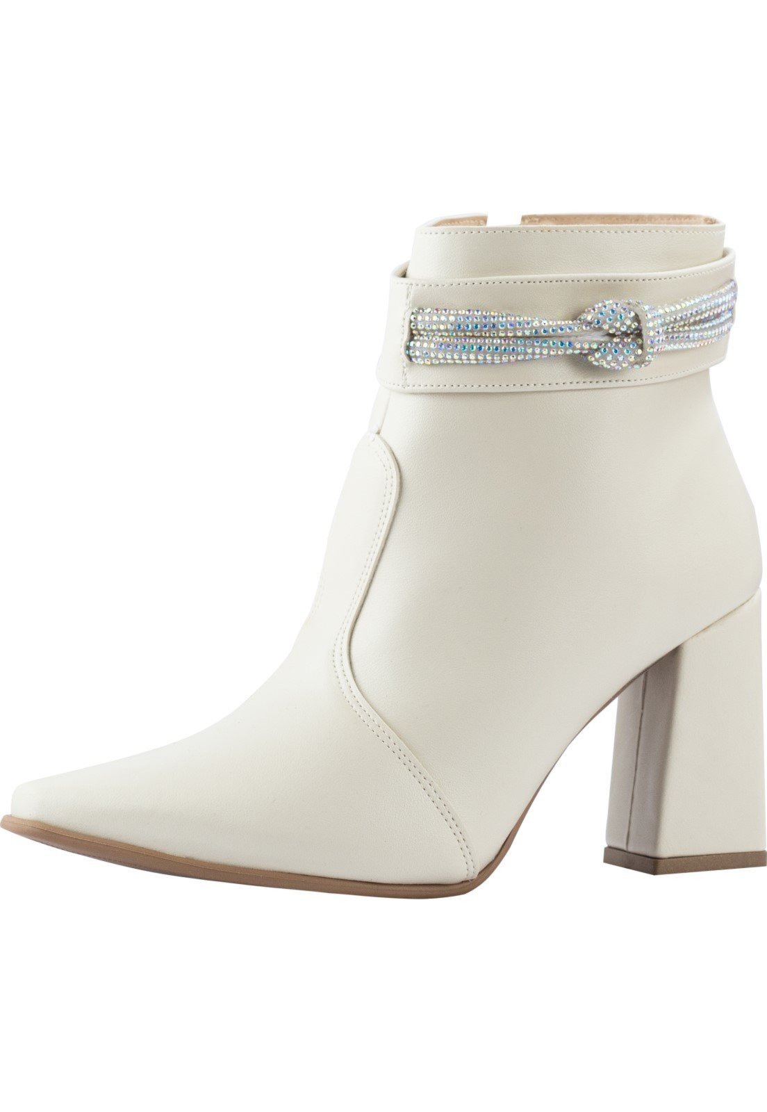 Bota Coturno Feminina Strass Bico Fino Lumiss Salto Alto Grosso Cano Curto Confort Off White