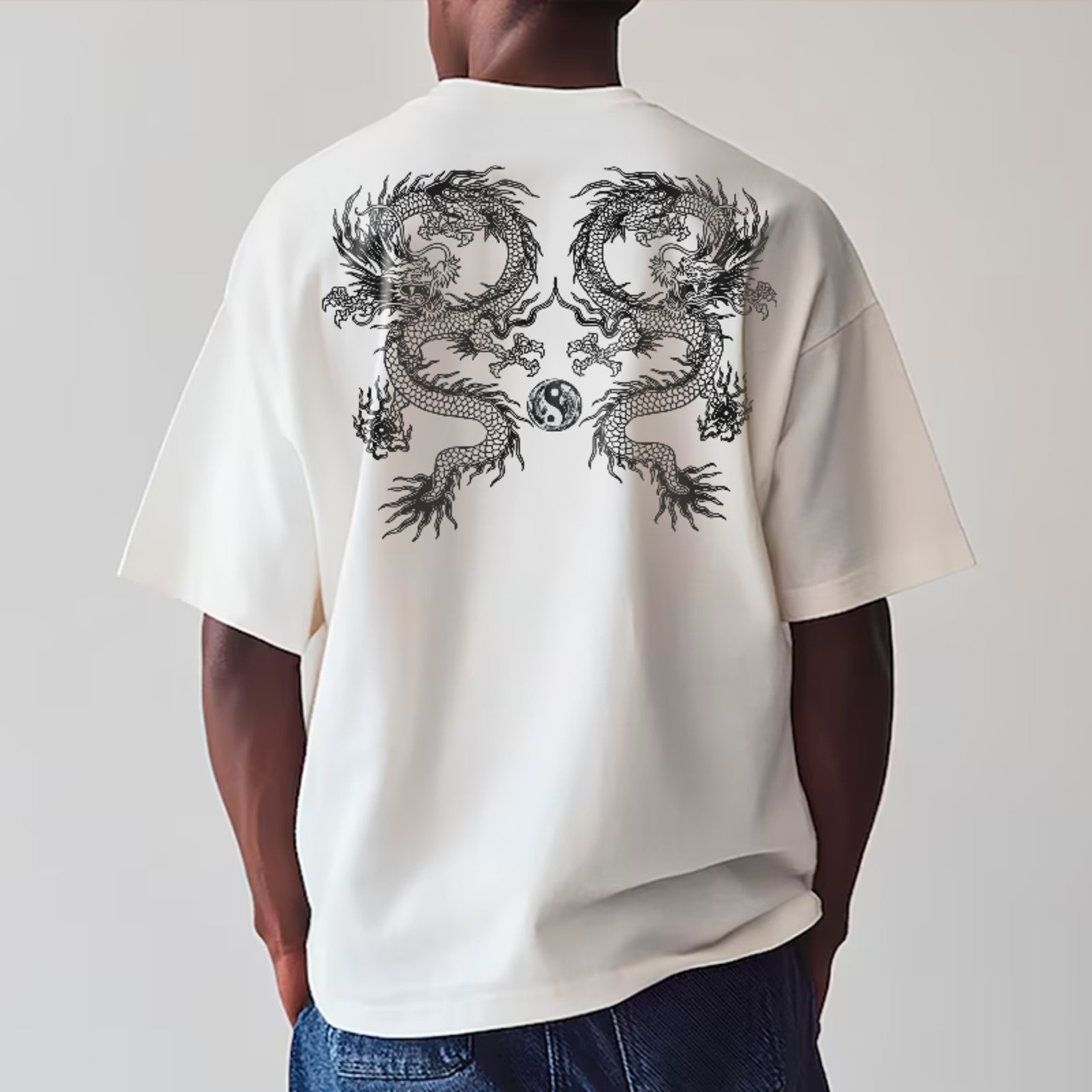 Camiseta Oversized Premium Dragão Oriental Yin Yang Street Unissex Branco