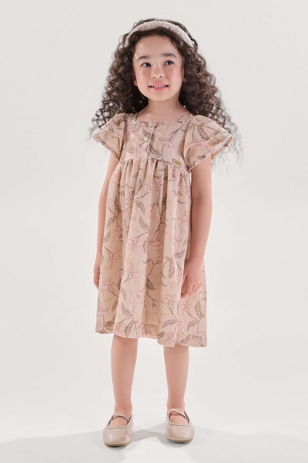 Infantil - Vestido Malha Tricot Areia com Pérolas e Brilho