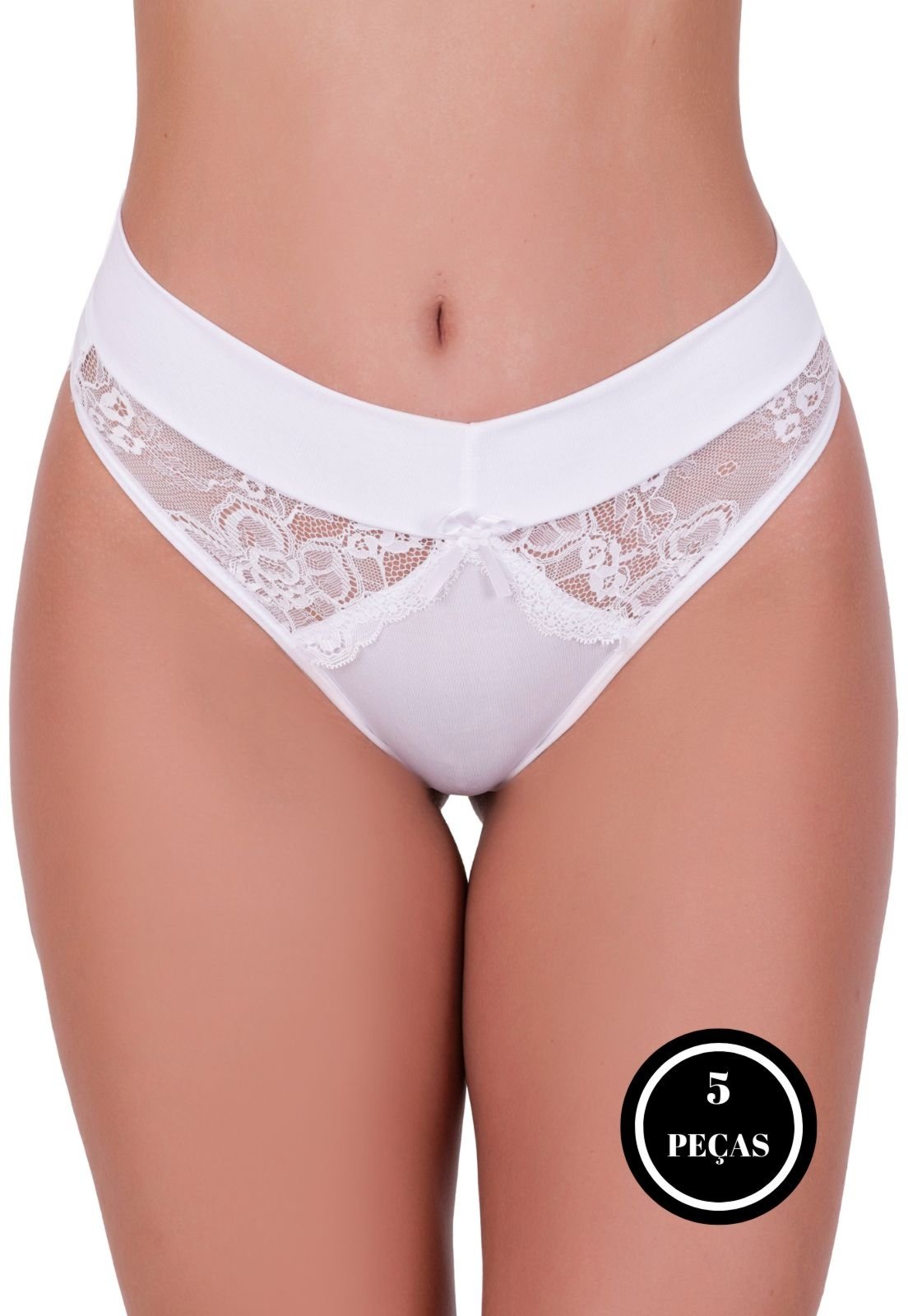 Kit 5 Calcinhas com Detalhe de Renda e Laço Terra e Mar Comportada Básica Lingerie Dia a Dia