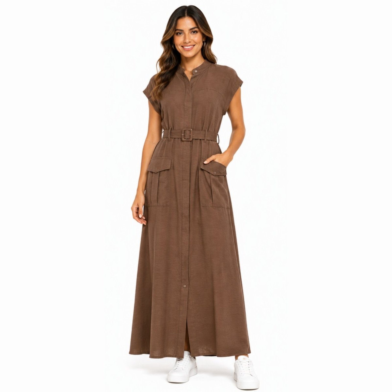 Vestido Feminino Longo Chemise com Cinto Bolsos e Botões Marrom
