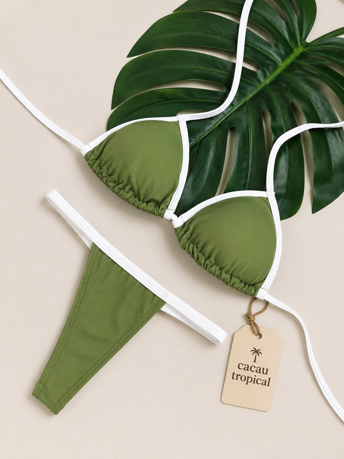 Biquíni Feminino Cortininha Verde e Branco Calcinha Asa Delta Ajustável Cacau Tropical Brasil