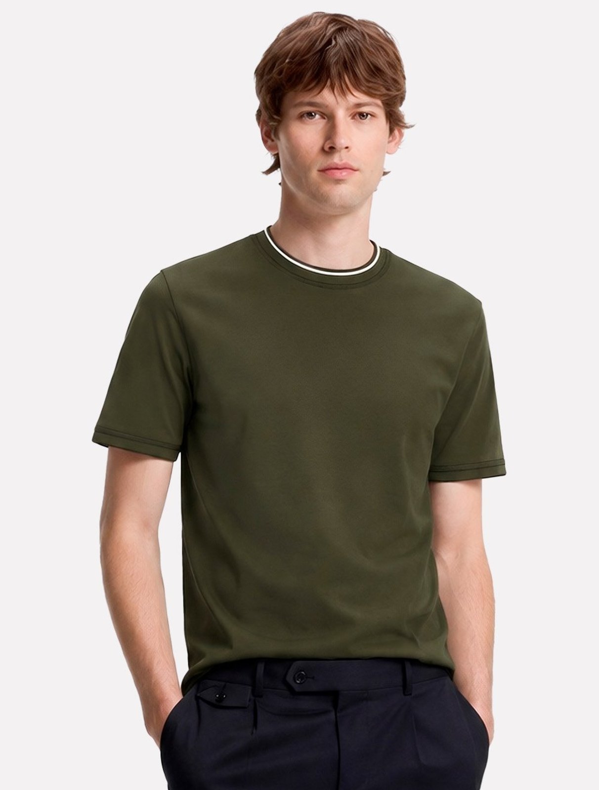 Camiseta Hugo Boss Masculina Slim Fit Mercerised H-Tessler 195 Verde Militar