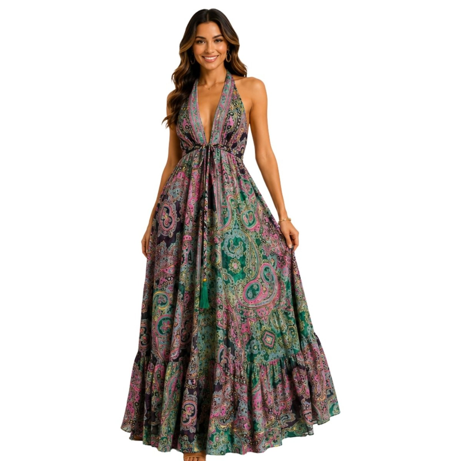 Vestido Longo Frente Única Estampado Boho Costas Abertas Feminino Rosa