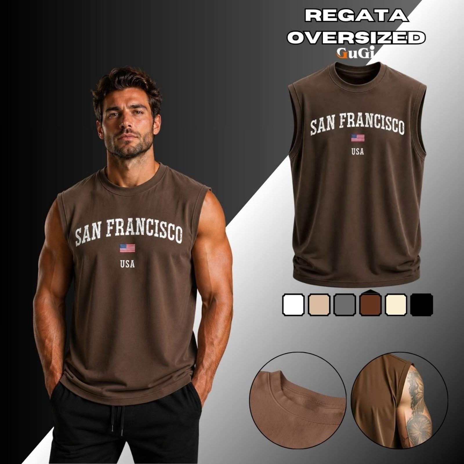 Camiseta Regata Masculina Oversized Estampada San Francisco USA 100% Algodão Marrom