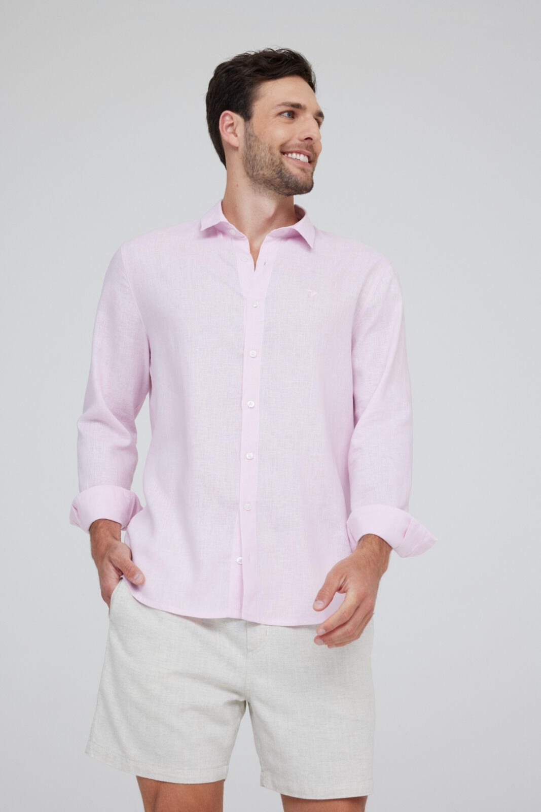 Camisa Linho Slim Manga Longa Traymon – Rosa Claro – Gg