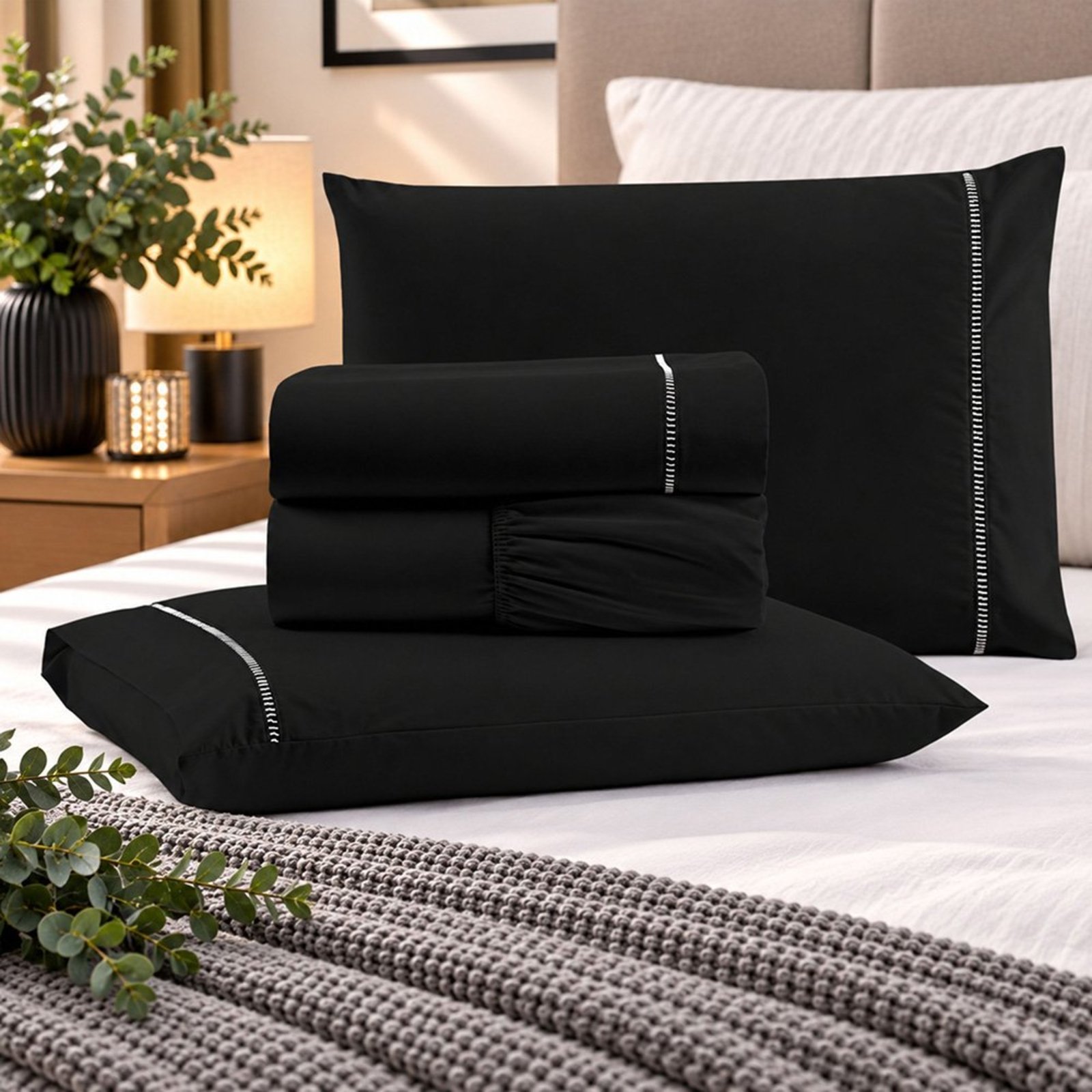 Jogo de Cama Lençol Queen Pluma Percal 180 Fios 4 Peças 100% Algodão - Preto