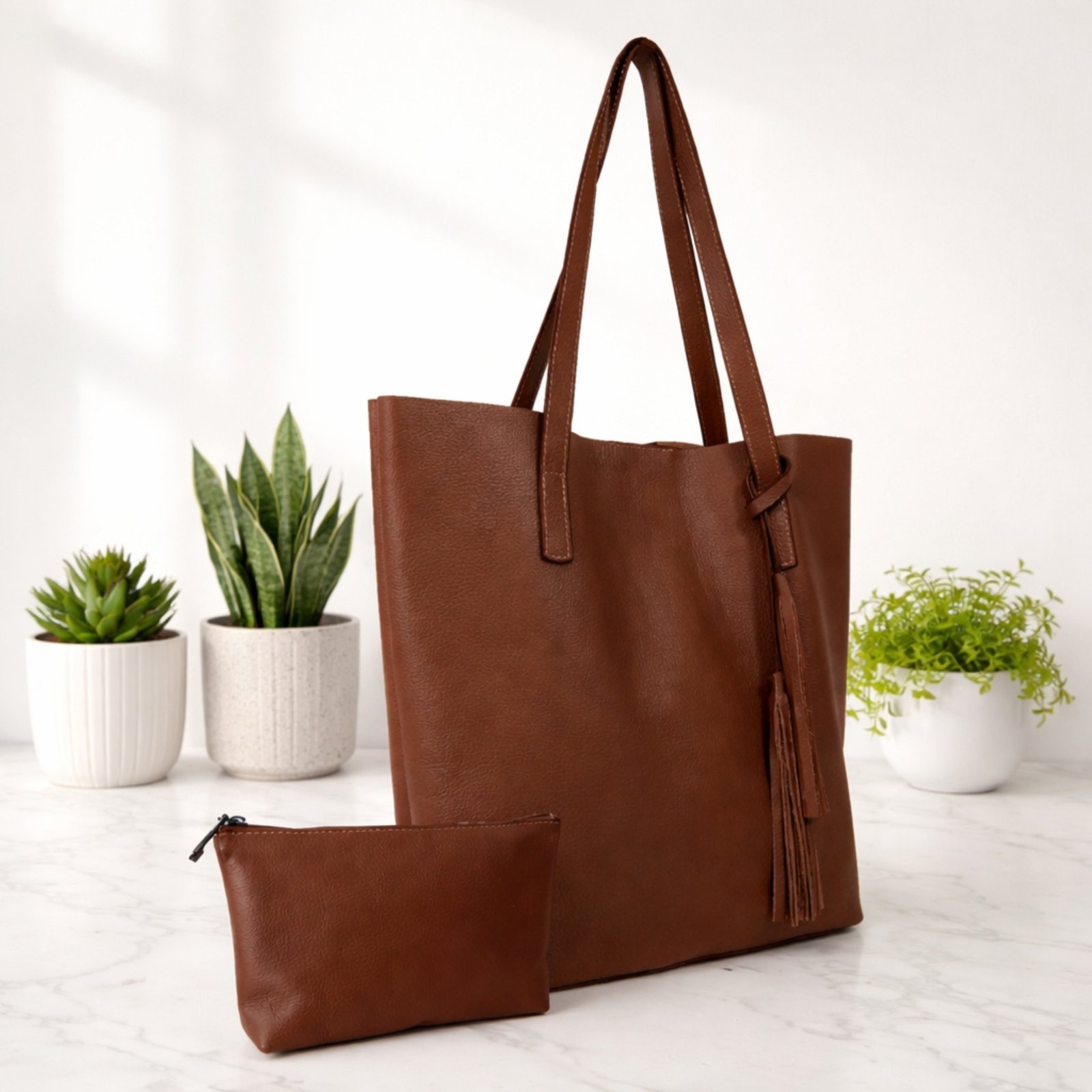 Kit Bolsa Boho Sacola e Necesseire TopGrife Couro Marrom