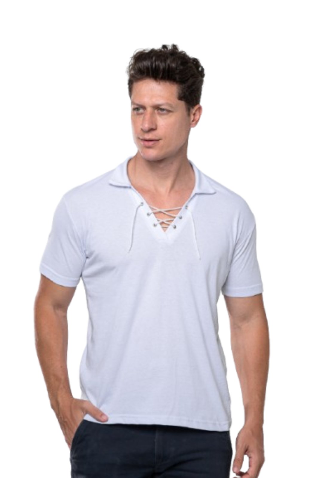 Camisa Camiseta Masculina Manga Curta Garais Moda 100% Algodão Gola Polo Com Ilhós e Cordão Moda Premium Branco