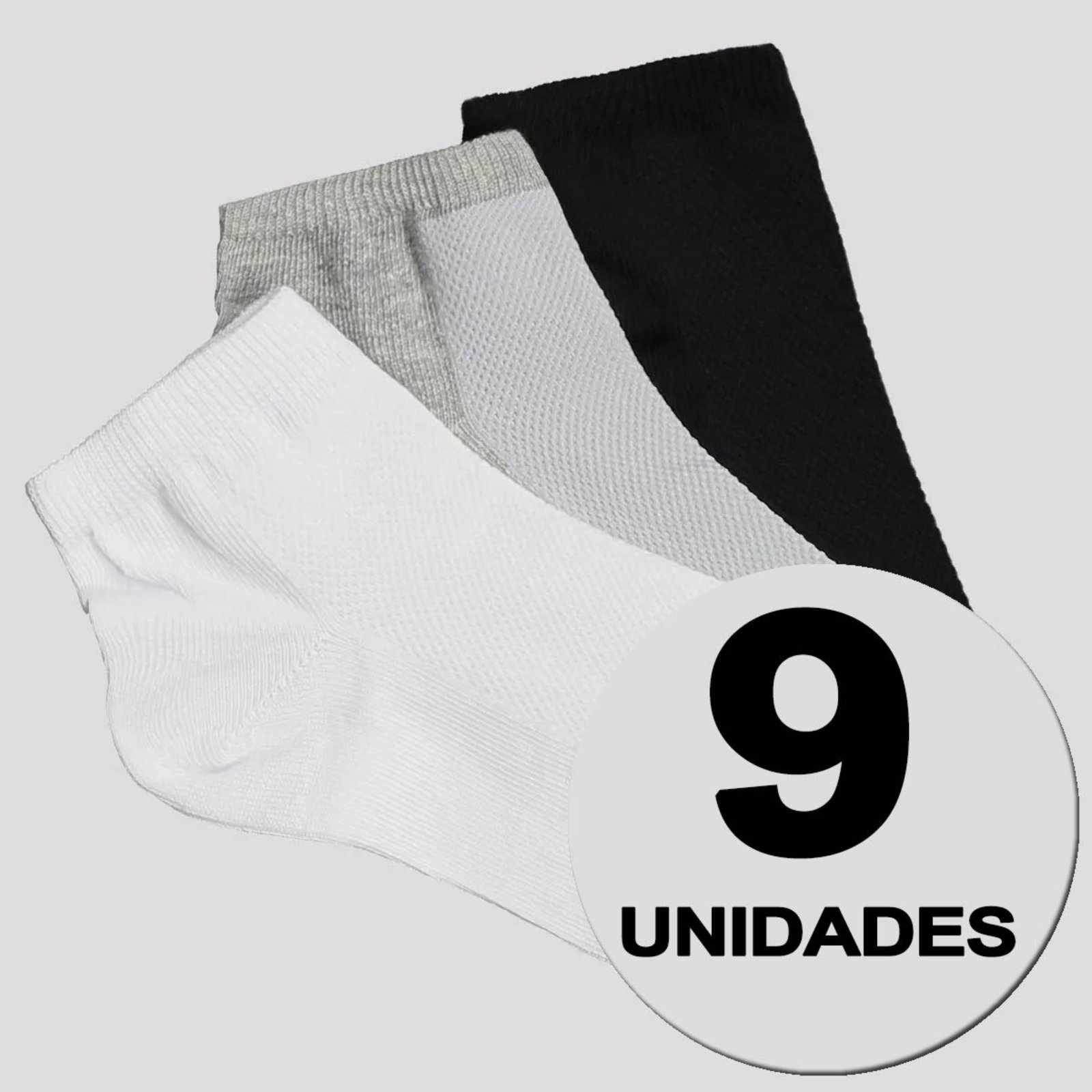 Vista 2 Kit Meia Selene Cano Curto Feminino 9 Pares Branca Cinza e Preta branco SELENE branco
