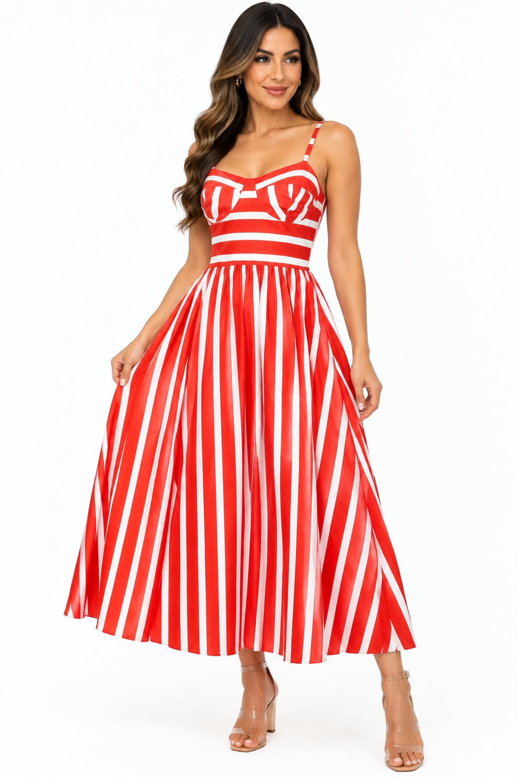 Vestido Midi D Bell Outlet Fashion Riviera Listrado Alça Fina Vermelho