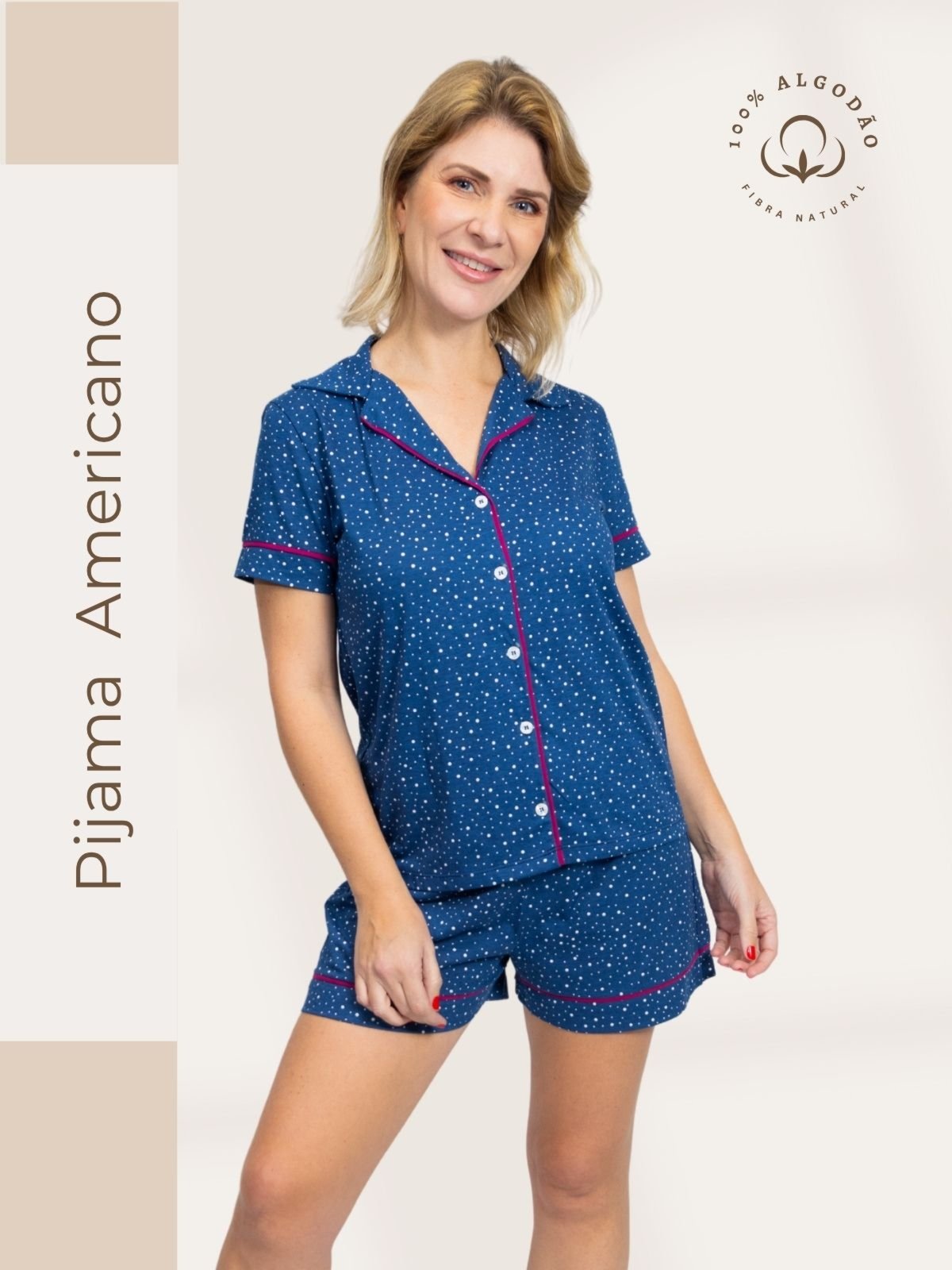 Pijama Piante Algodão Feminino Americano Curto Poá Marinho