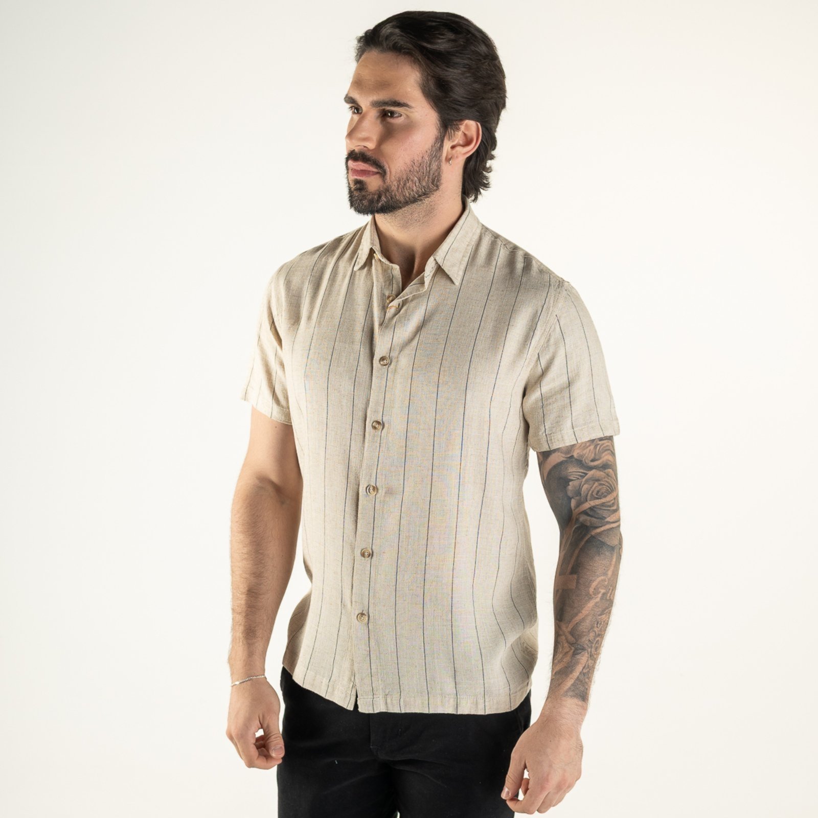 Camisa Versatiold Resort Manga Curta Linho Bege