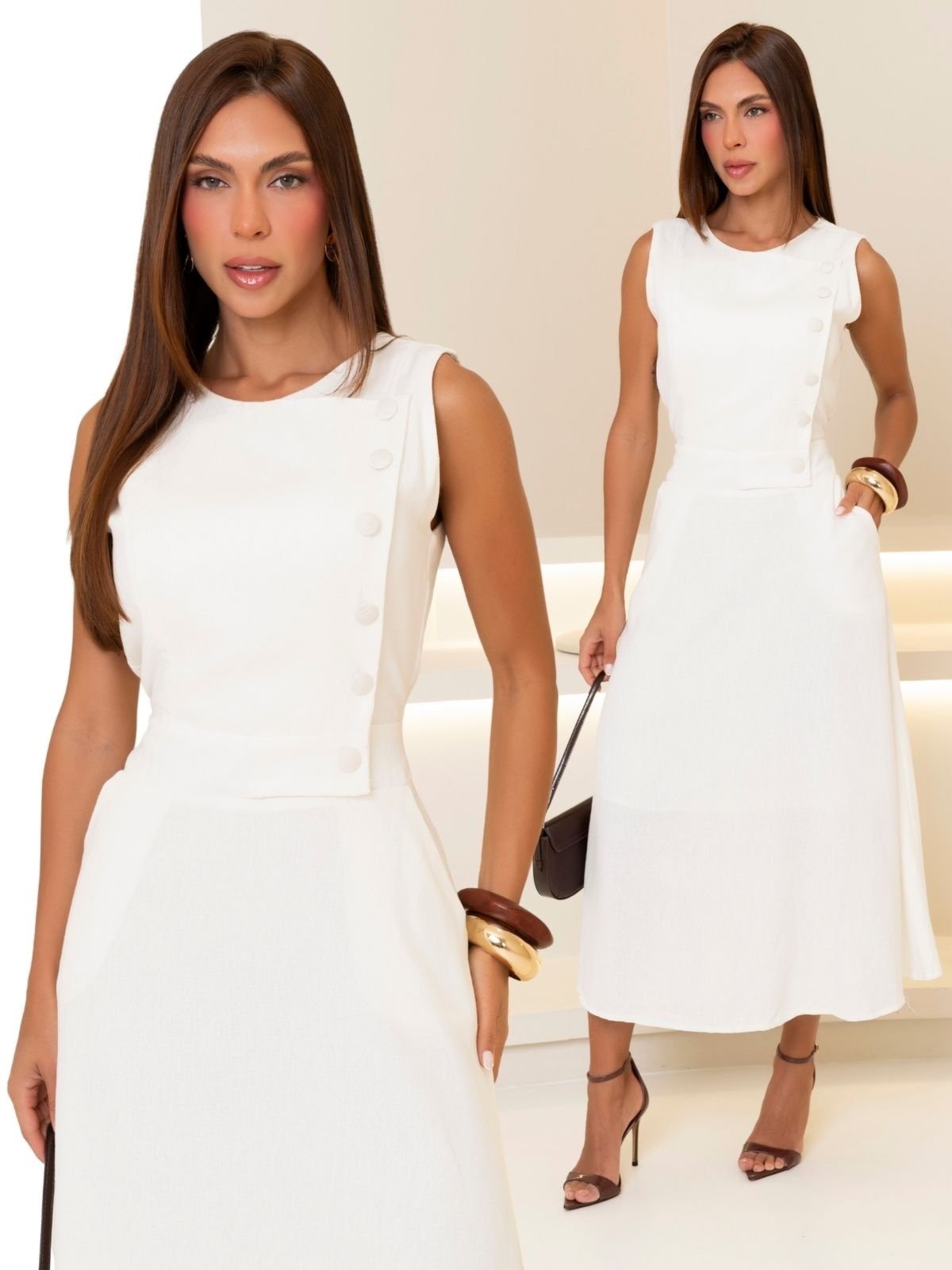 Vestido Feminino Longo Alfaiataria Divina Gata Botões e Bolso
