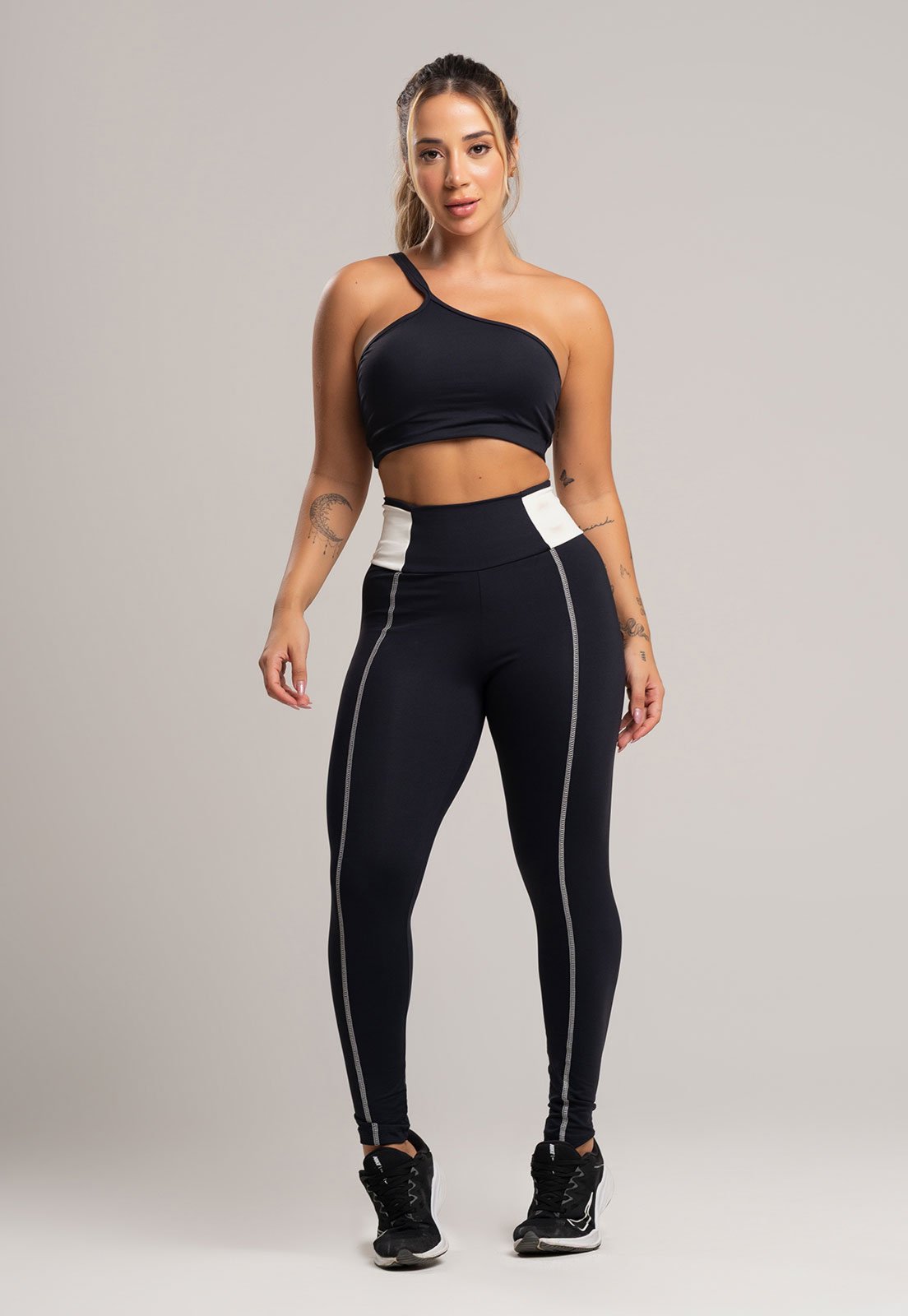 Calça Legging MVB Modas Cós Off White Cintura Alta Feminina Poliamida Preto