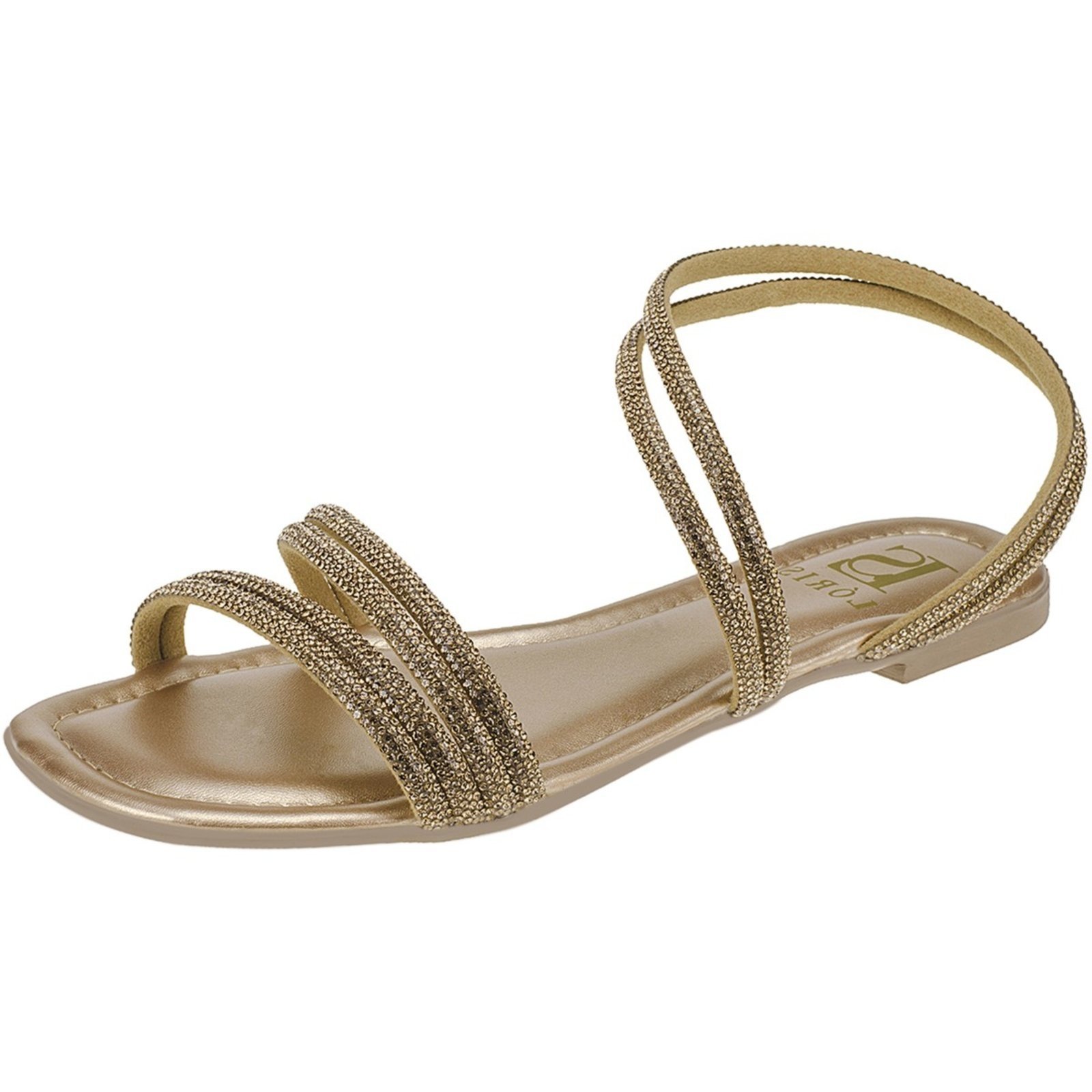 Sandália Feminina Lóris Shoes Rasteira com Brilho Manta de Strass Sofisticada 065-138 Ouro