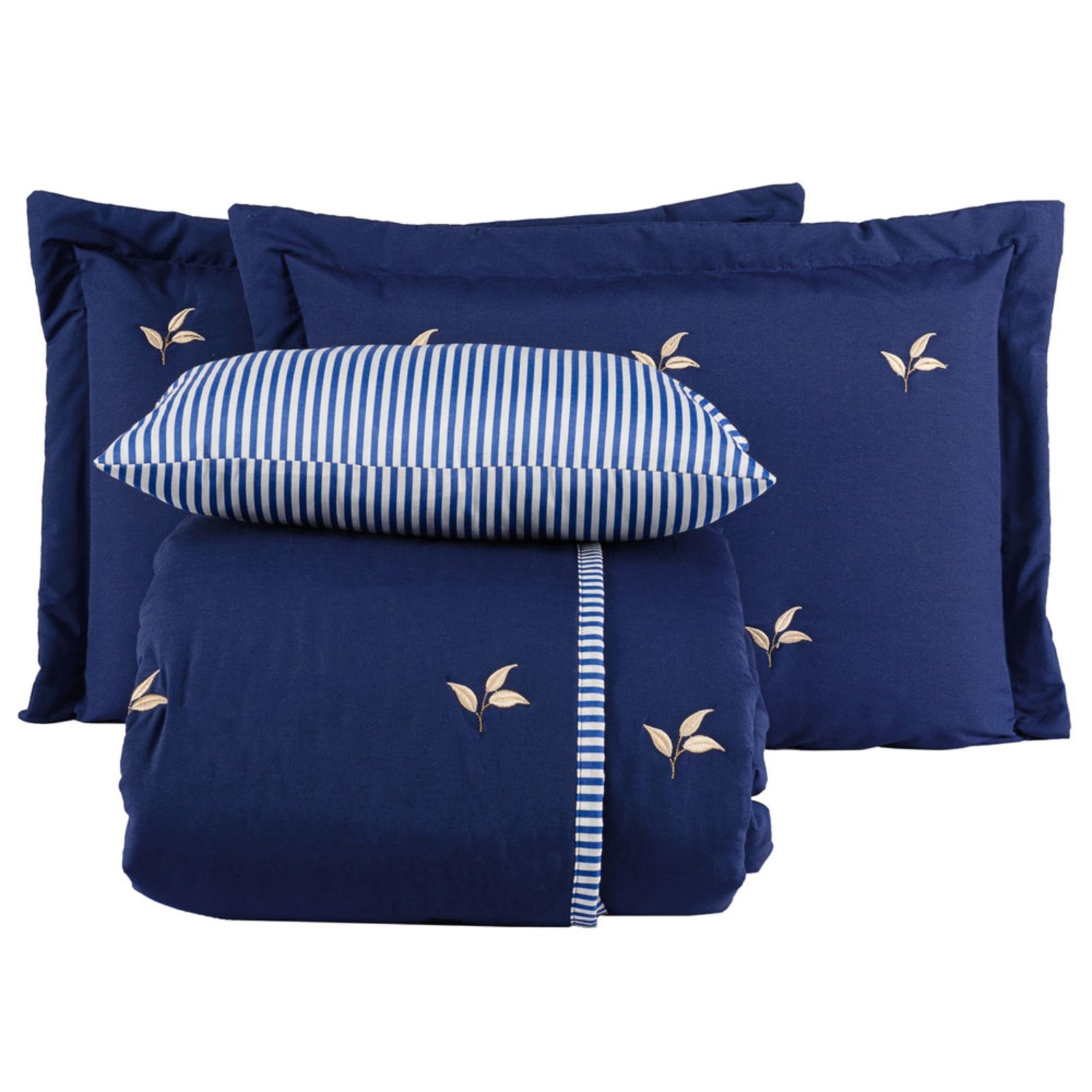 Kit Cobre Leito Colcha Casa Scarpa Melini Queen 200 Fios Bordado Listrado 5 Peças - Azul Marinho