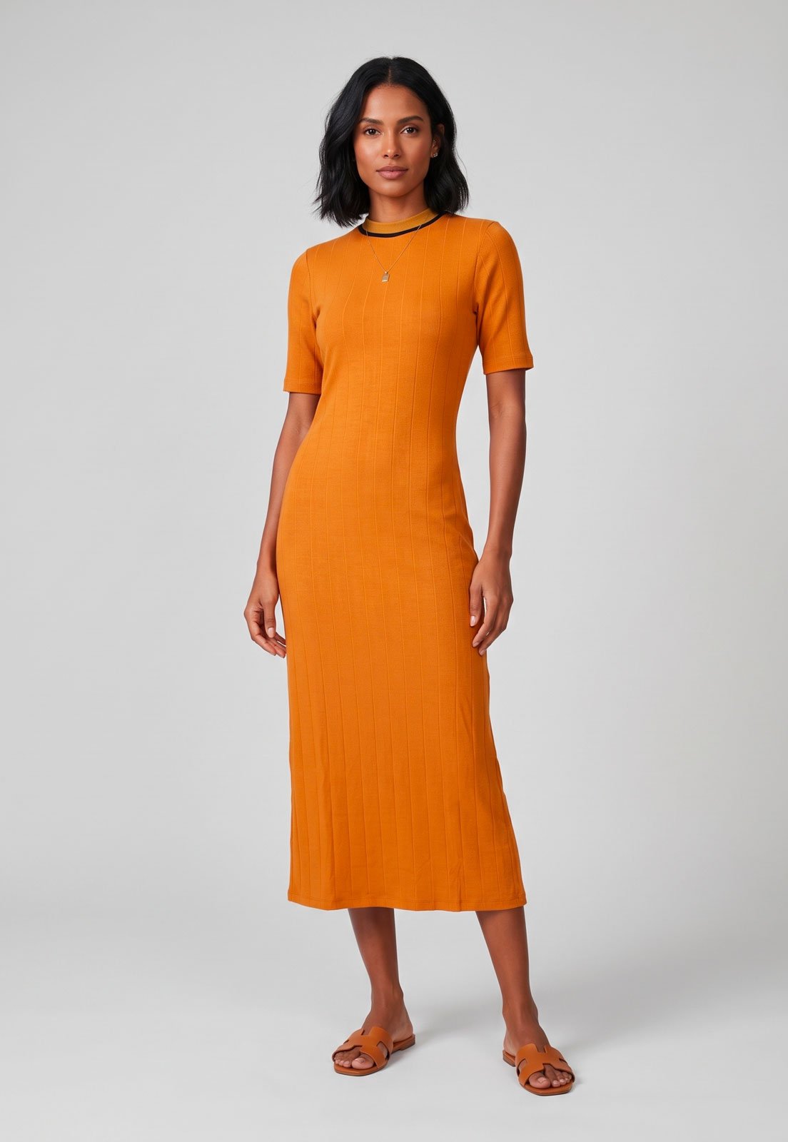 Vestido Feminino Lez a Lez Midi Canelado Laranja