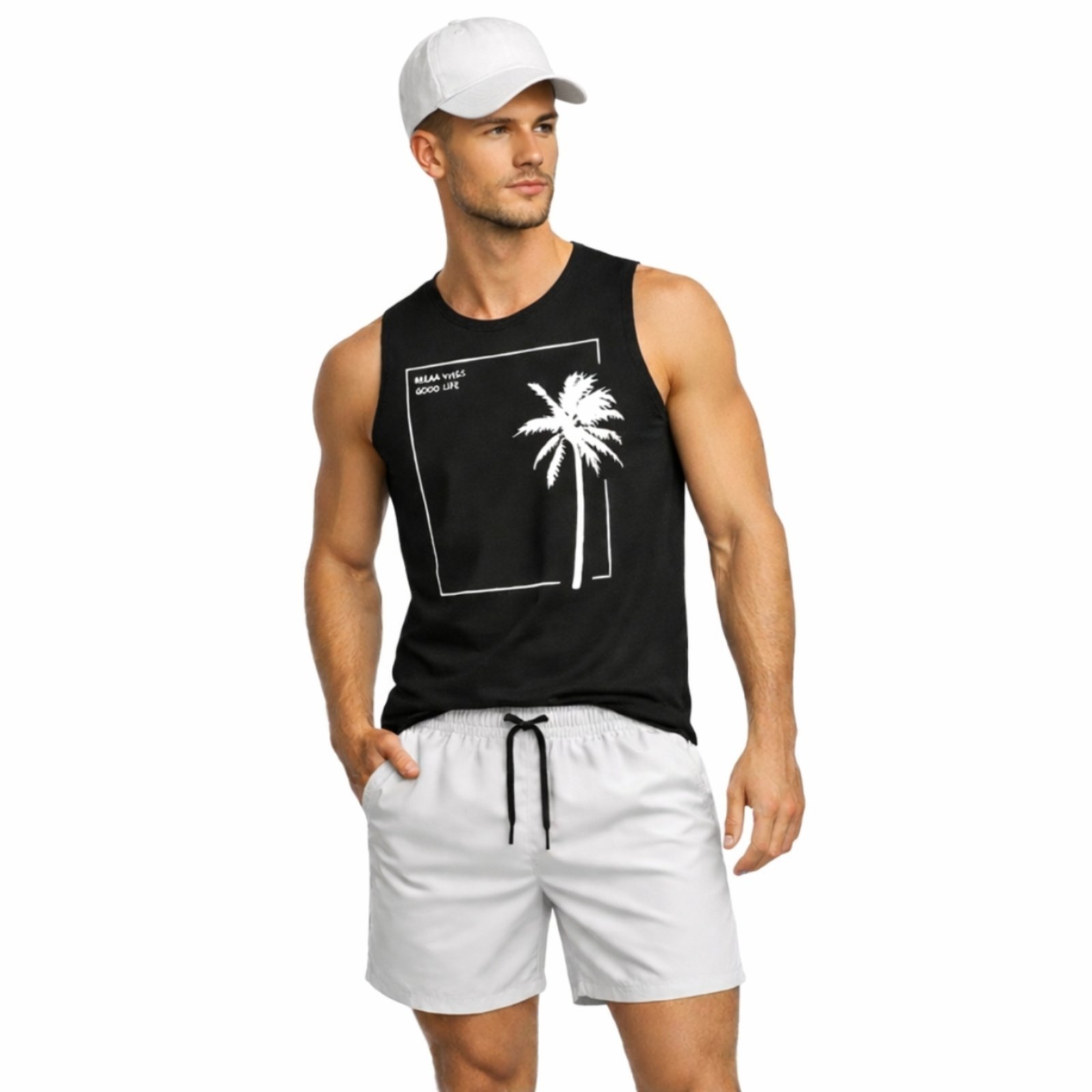 Conjunto Masculino Camiseta Regata Coqueiro Algodão, Short Tactel Liso e Boné Dad Hat