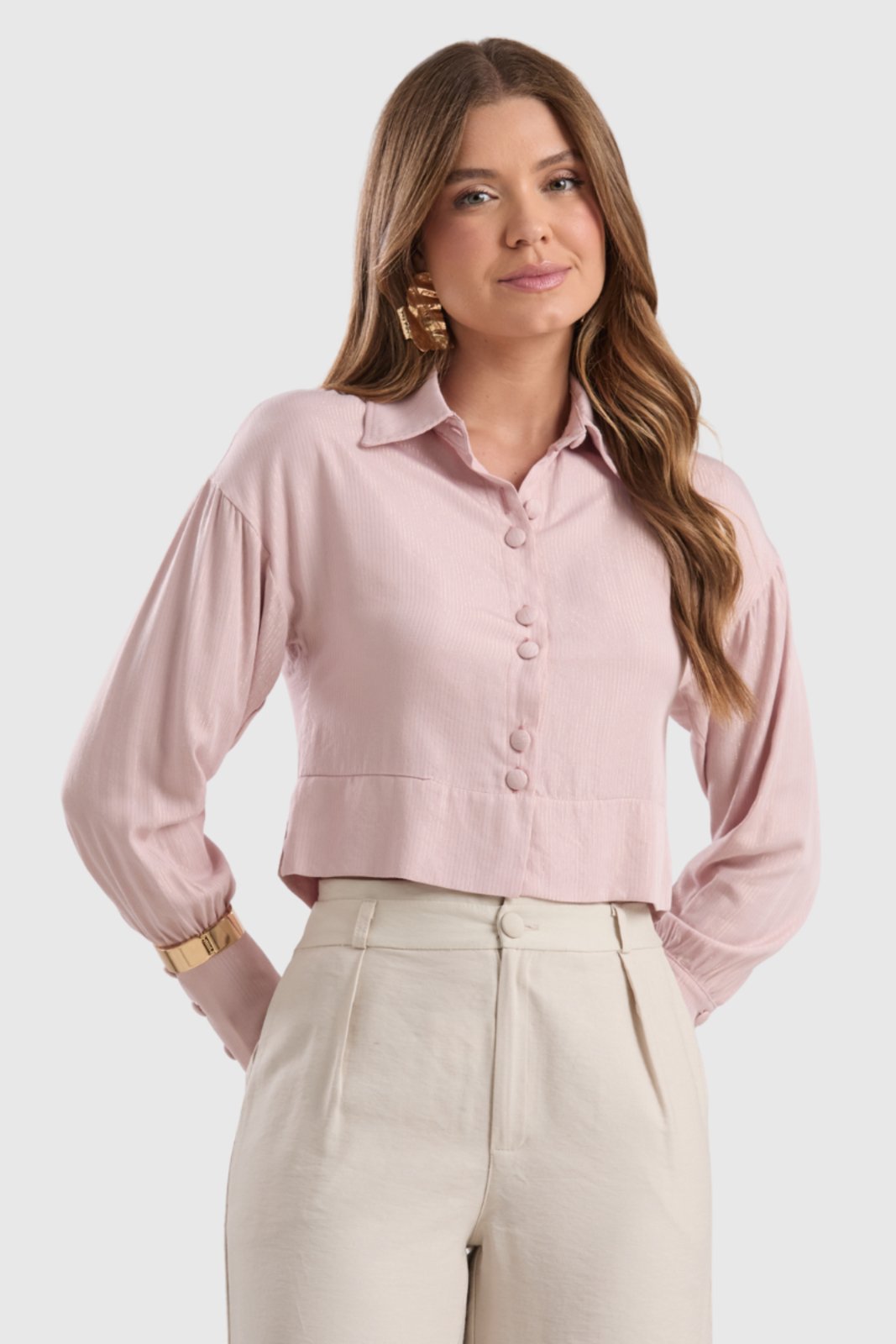 Camisa Feminina Amora Café Fendas Laterais Rosê