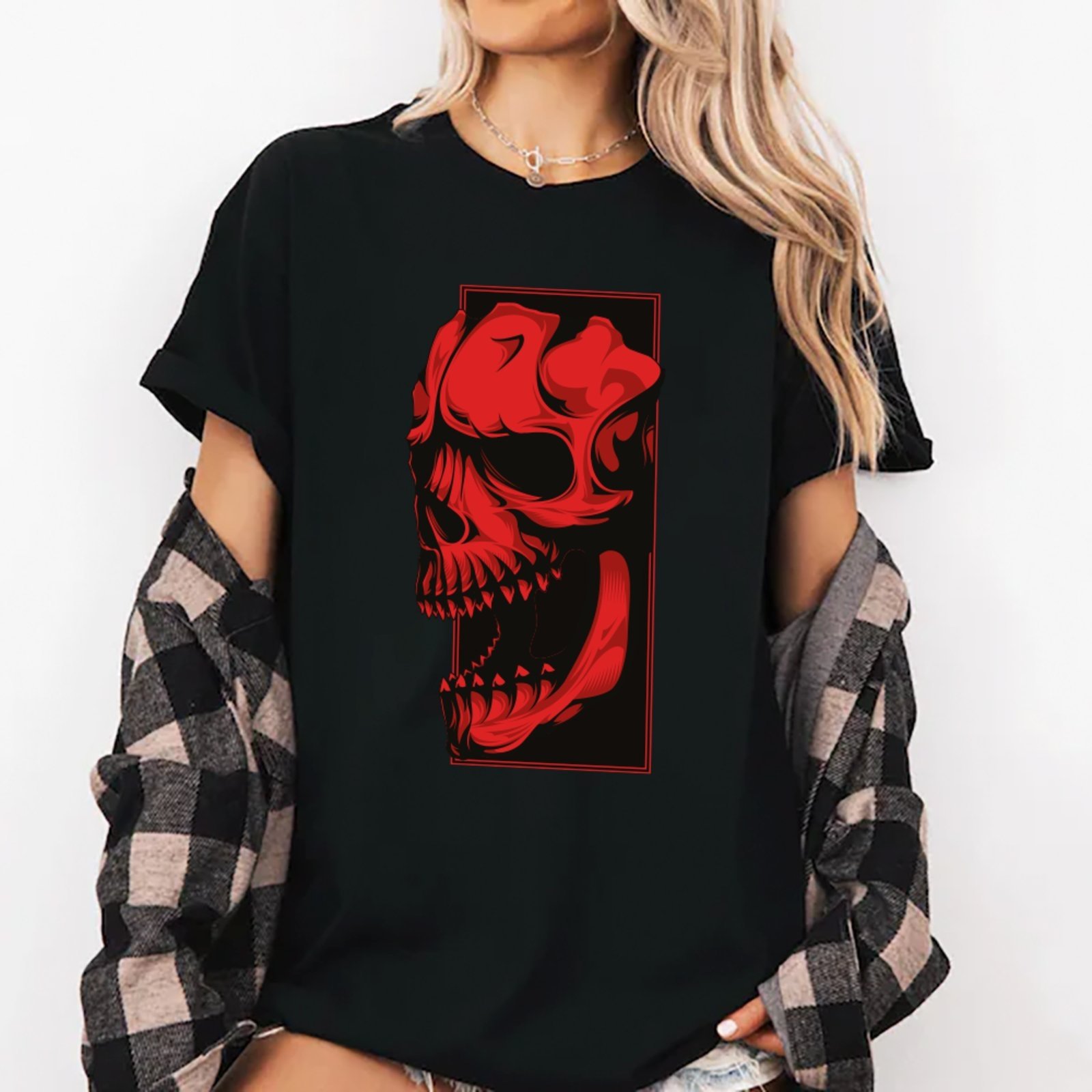 Camiseta Ousy Streetwear Caveira Vermelha Estilizada Oversized Unissex Preto