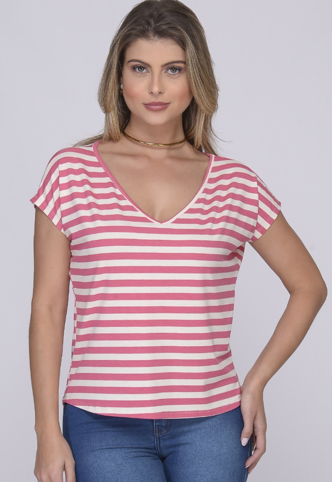 Blusa M/C Decote V B’Bonnie Ioná Listra Rosa