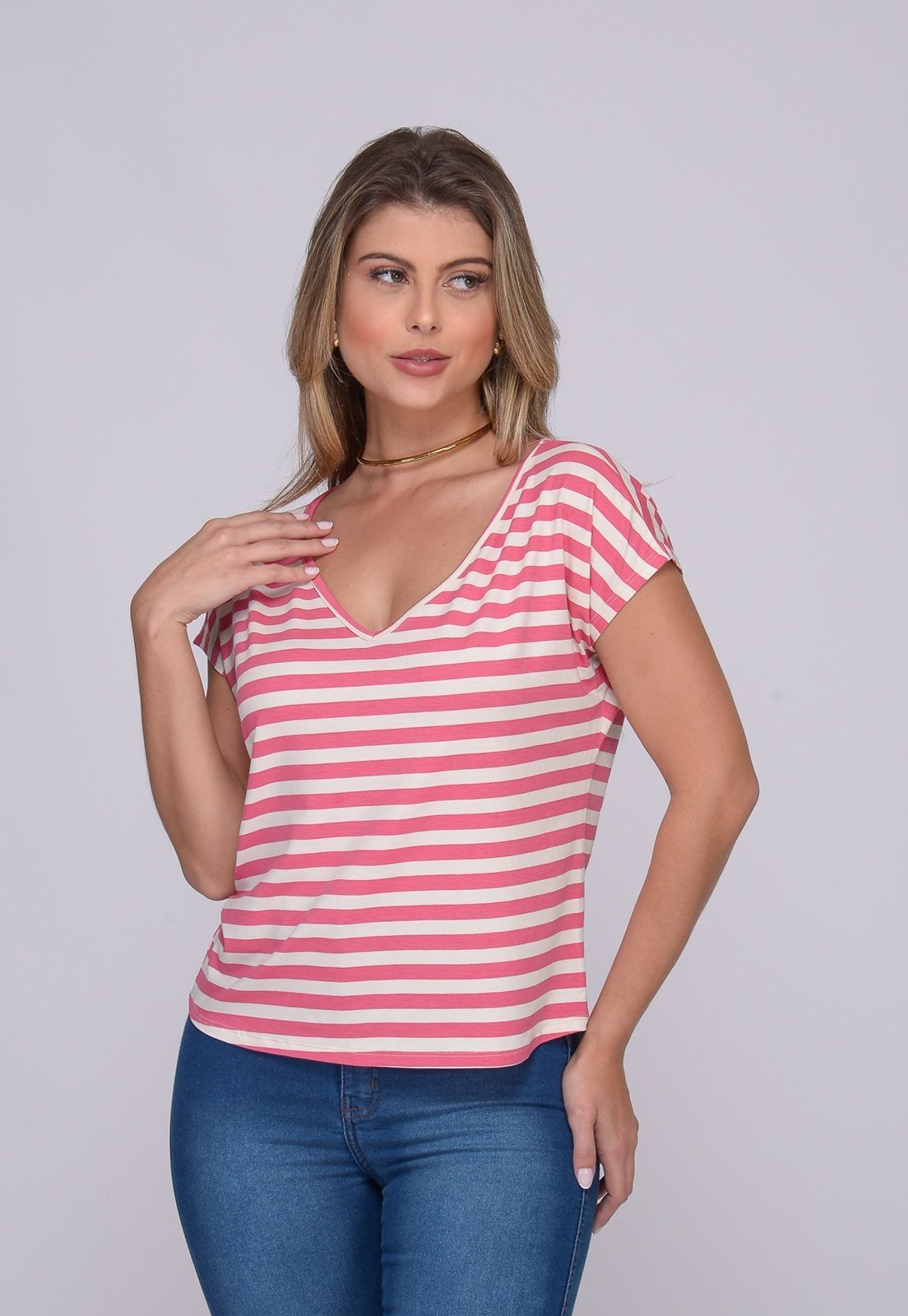 Vista 3 Blusa M/C Decote V B’Bonnie Ioná Listra Rosa BBonnie listrado rosa BBonnie listrado rosa